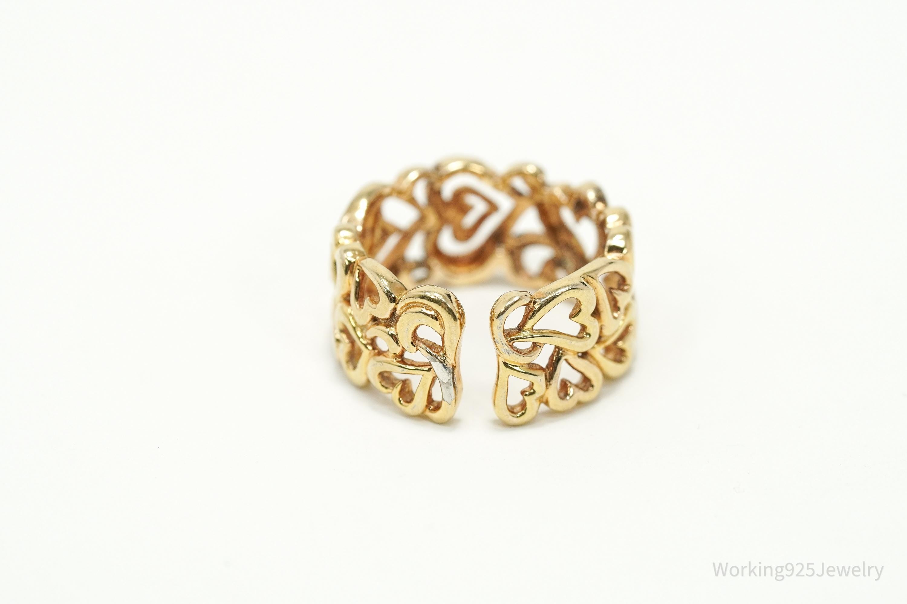 Vintage Gold Vermeil Hearts Wide Band Sterling Silver Ring Adjustable Sz 6.75