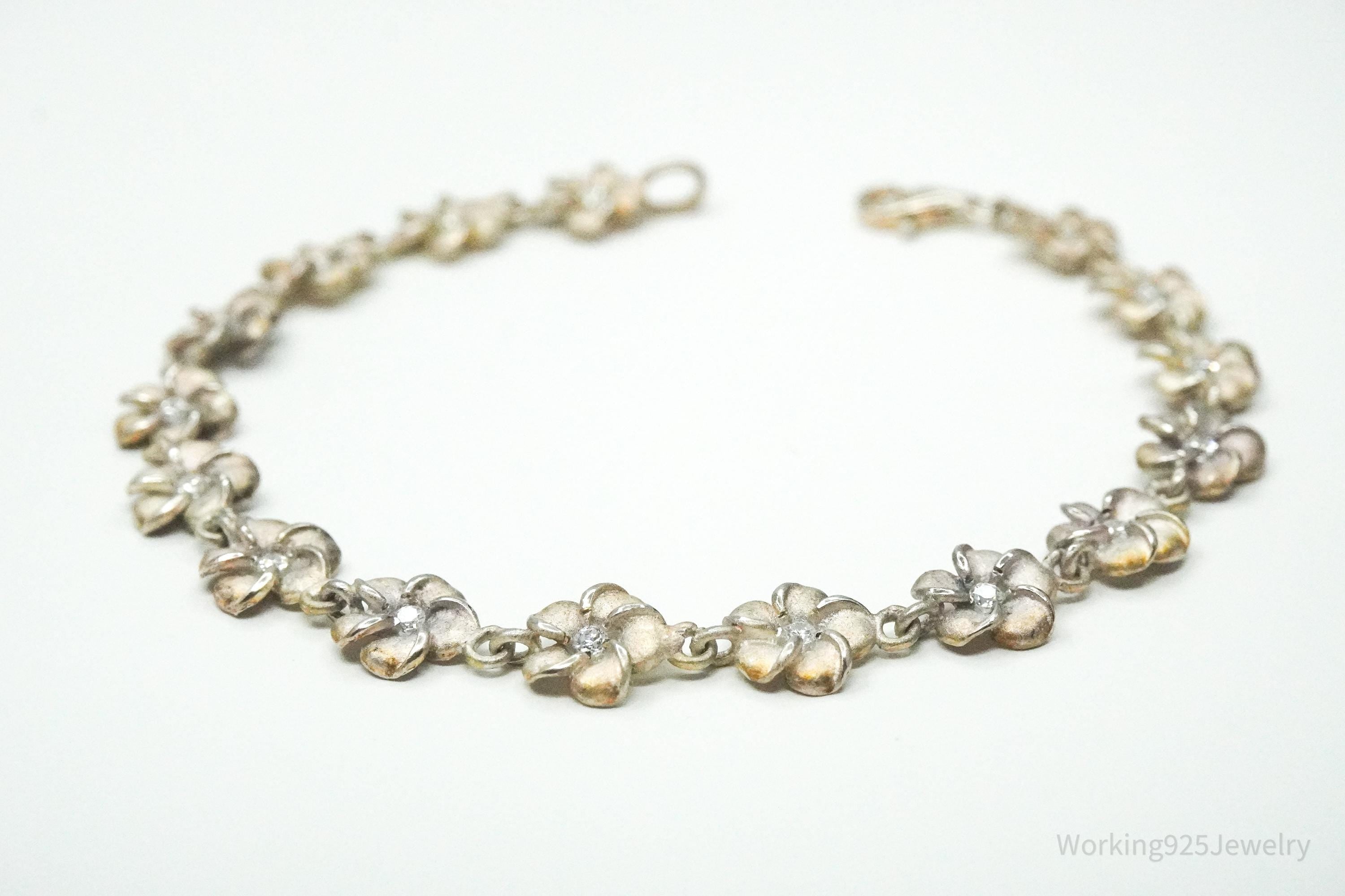 Vintage Cubic Zirconia Flowers Sterling Silver Bracelet 7 5/8"