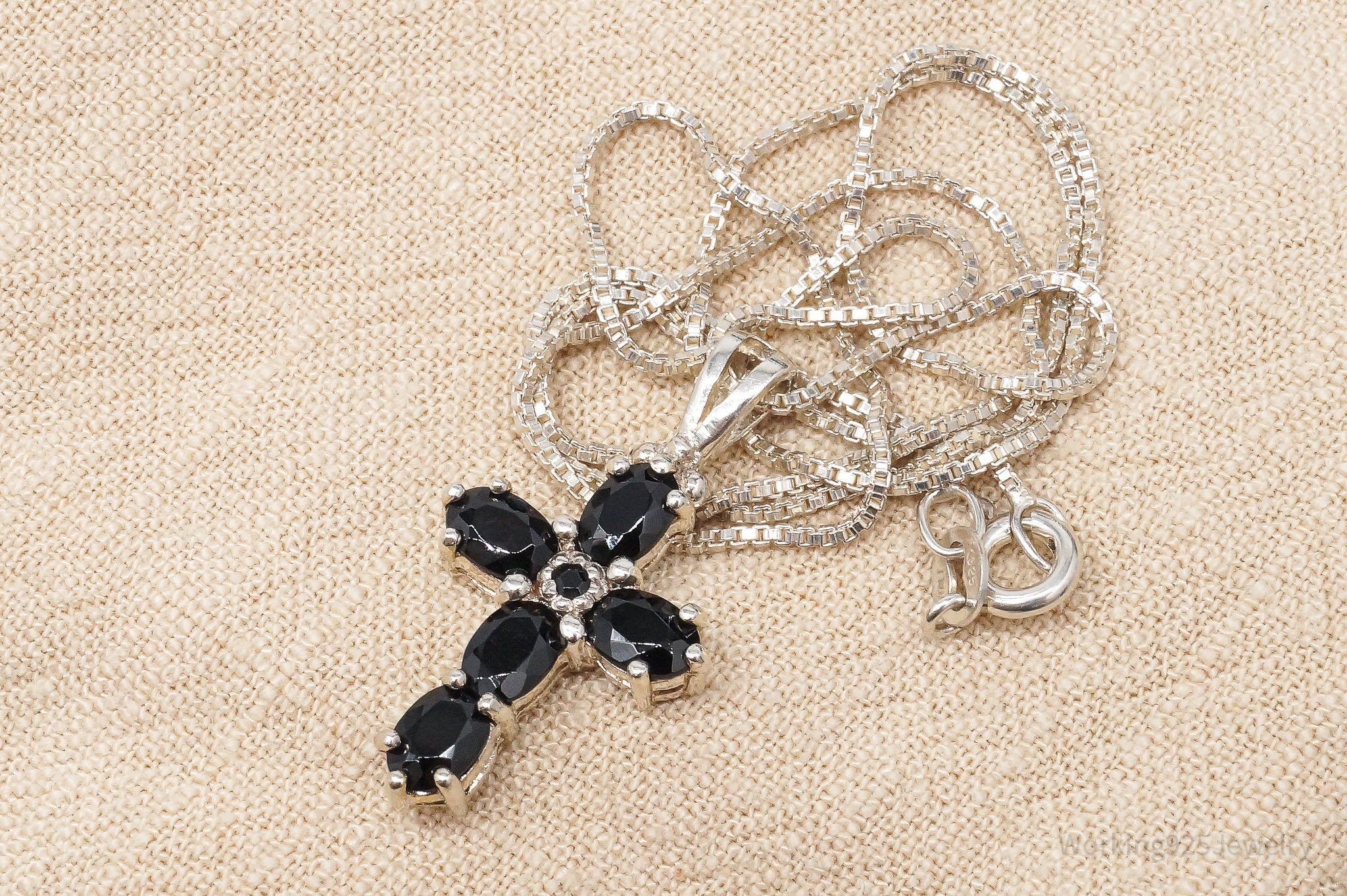 Vintage Black Spinel Cross Sterling Silver Necklace - 18"