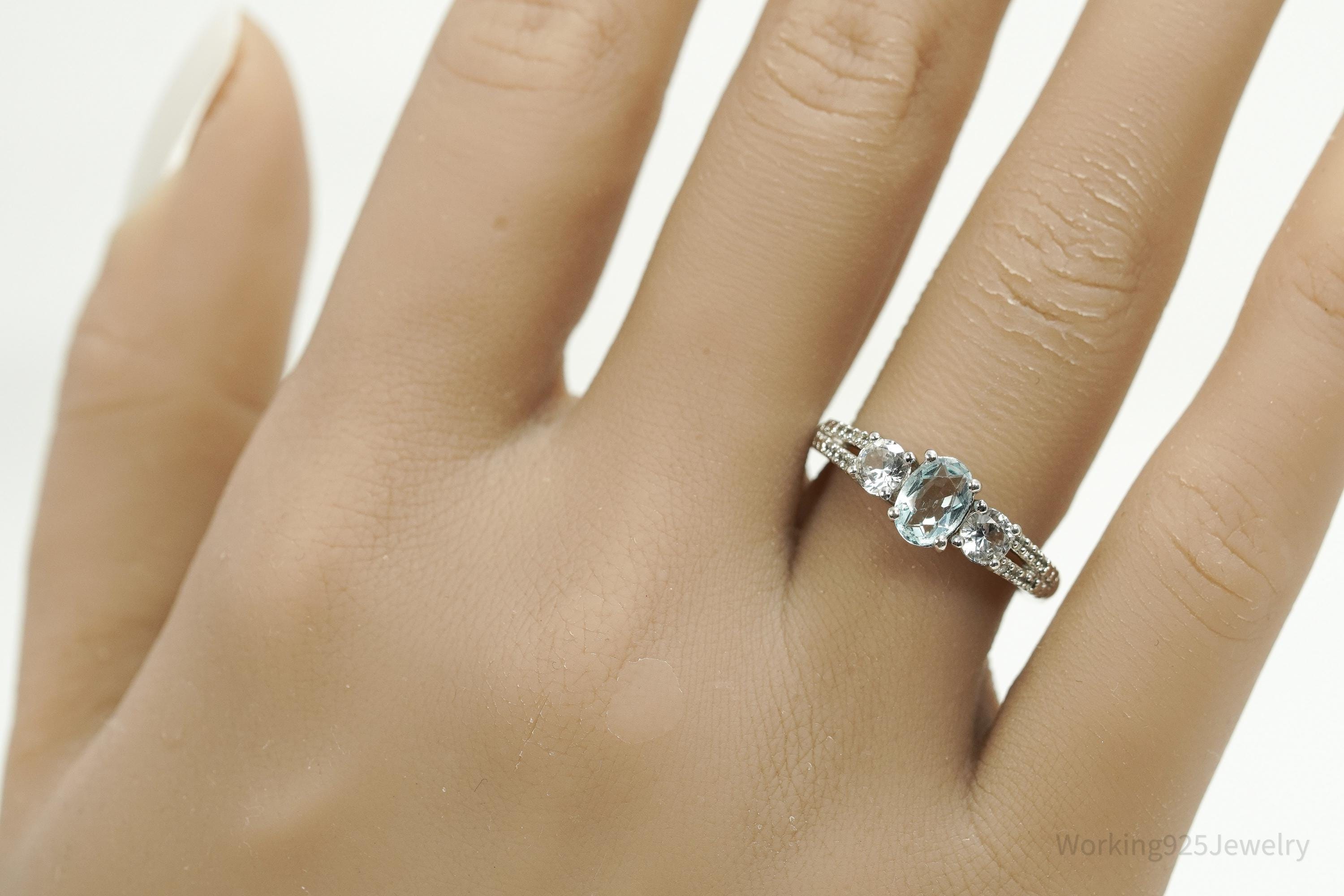 Vintage Blue Topaz & Cubic Zirconia Sterling Silver Ring - Size 7