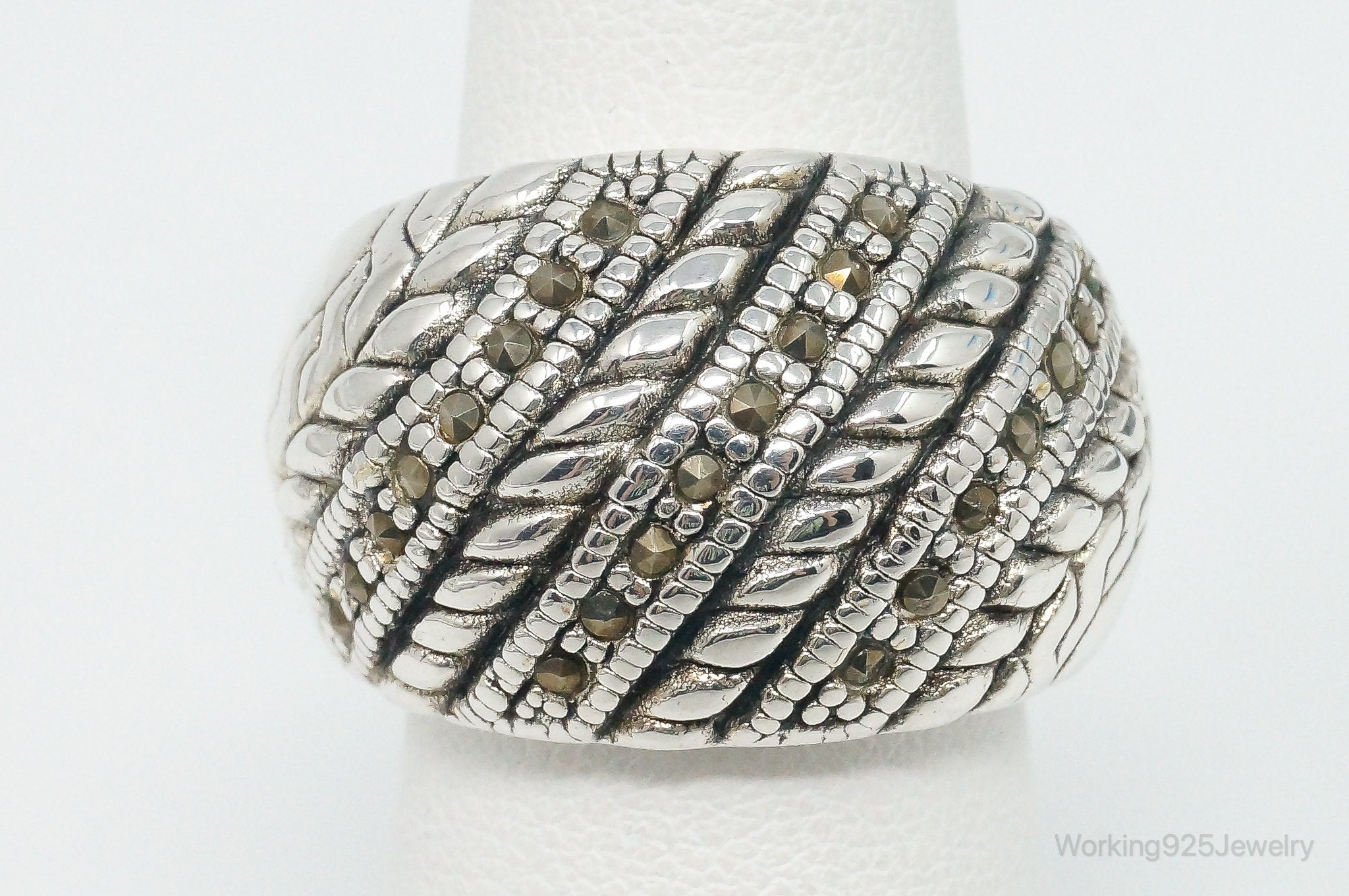 Vintage Marcasite Sterling Silver Dome Rope Braid Hollow Ring Size 6.75