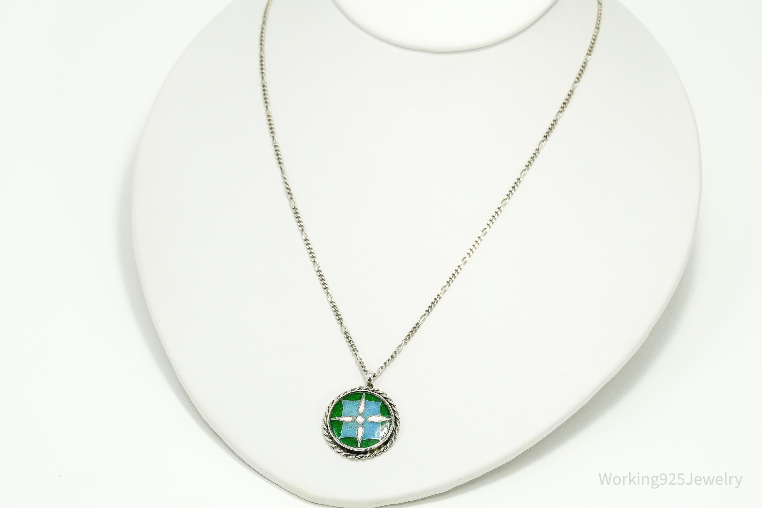 Vintage Green, Blue & White Enamel Inlay Sterling Silver Necklace 18"