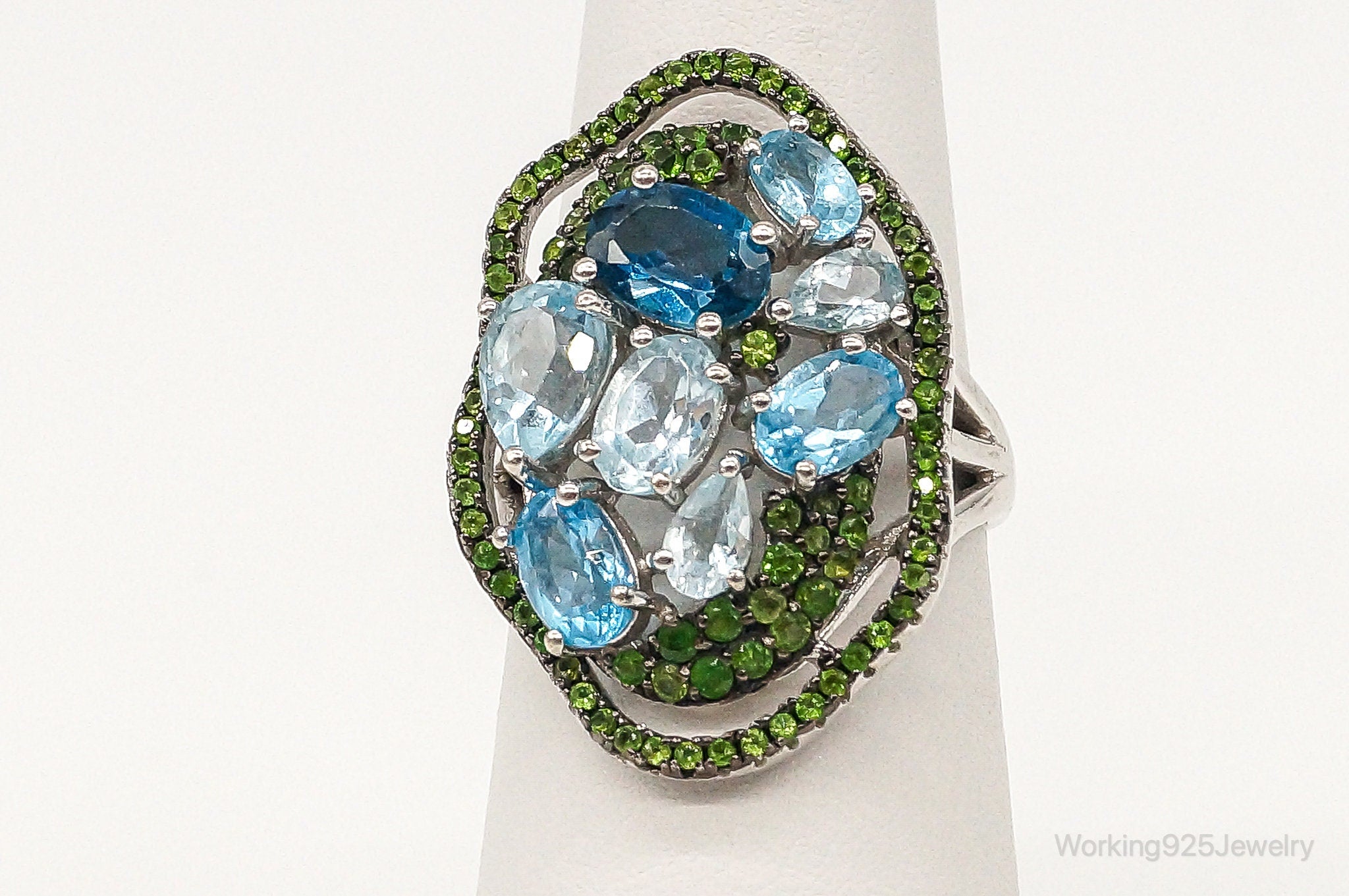 Designer PJM Blue Topaz Aquamarine Peridot Sterling Silver Ring - Size 6.25