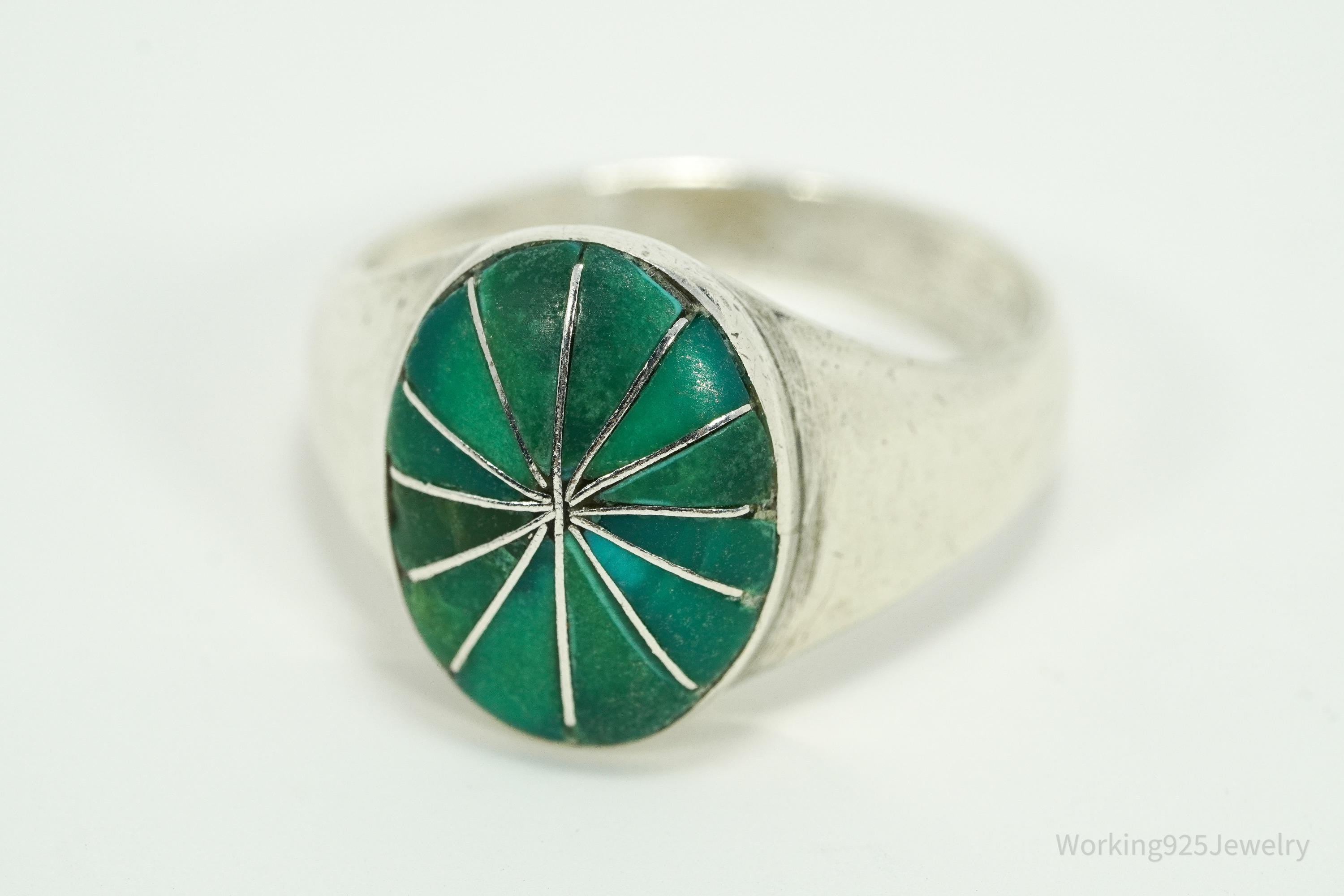 Vintage Handmade Native American Turquoise Inlay Silver Ring - Size 11.25
