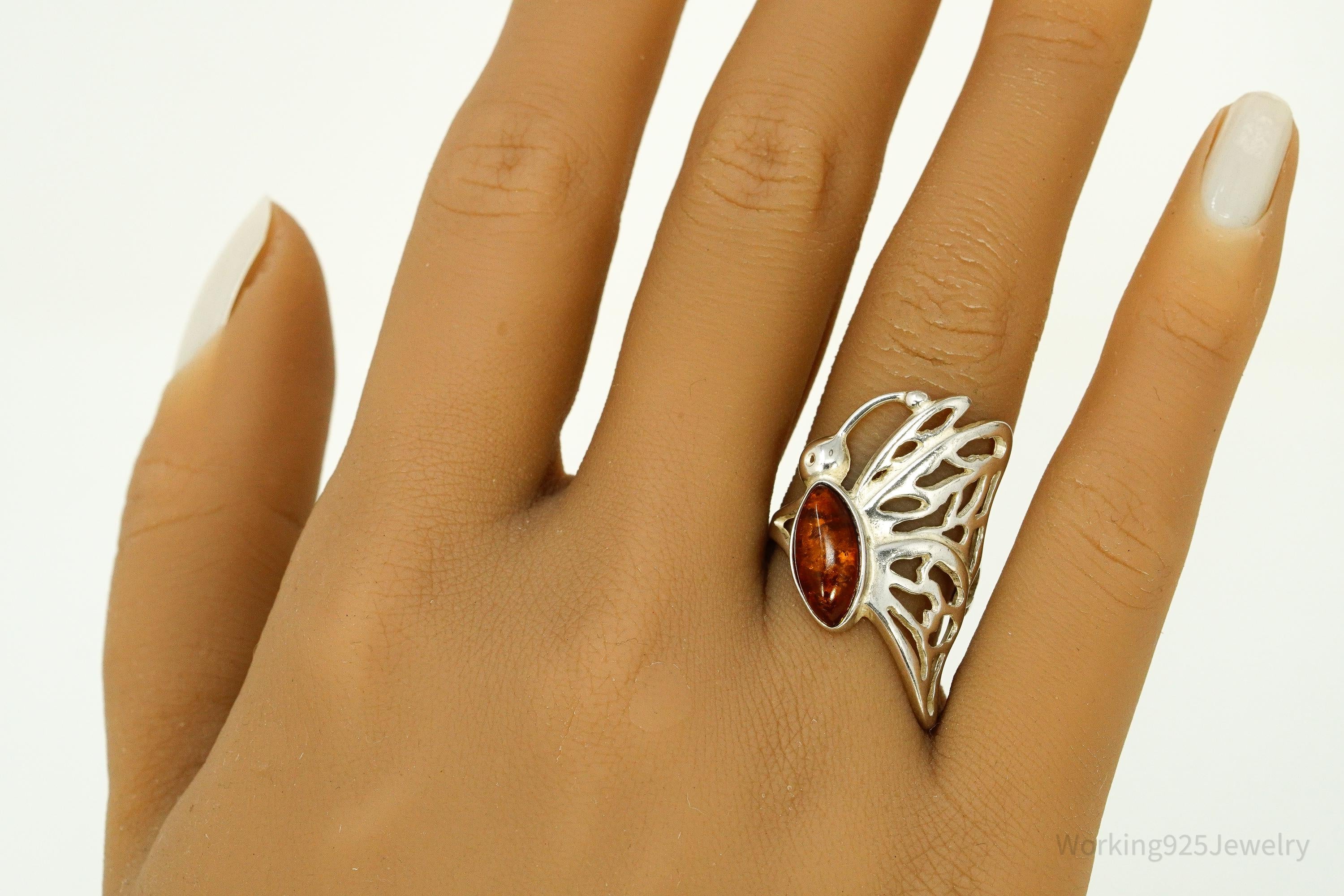 Vintage Amber Butterfly Sterling Silver Ring - Size 7.5