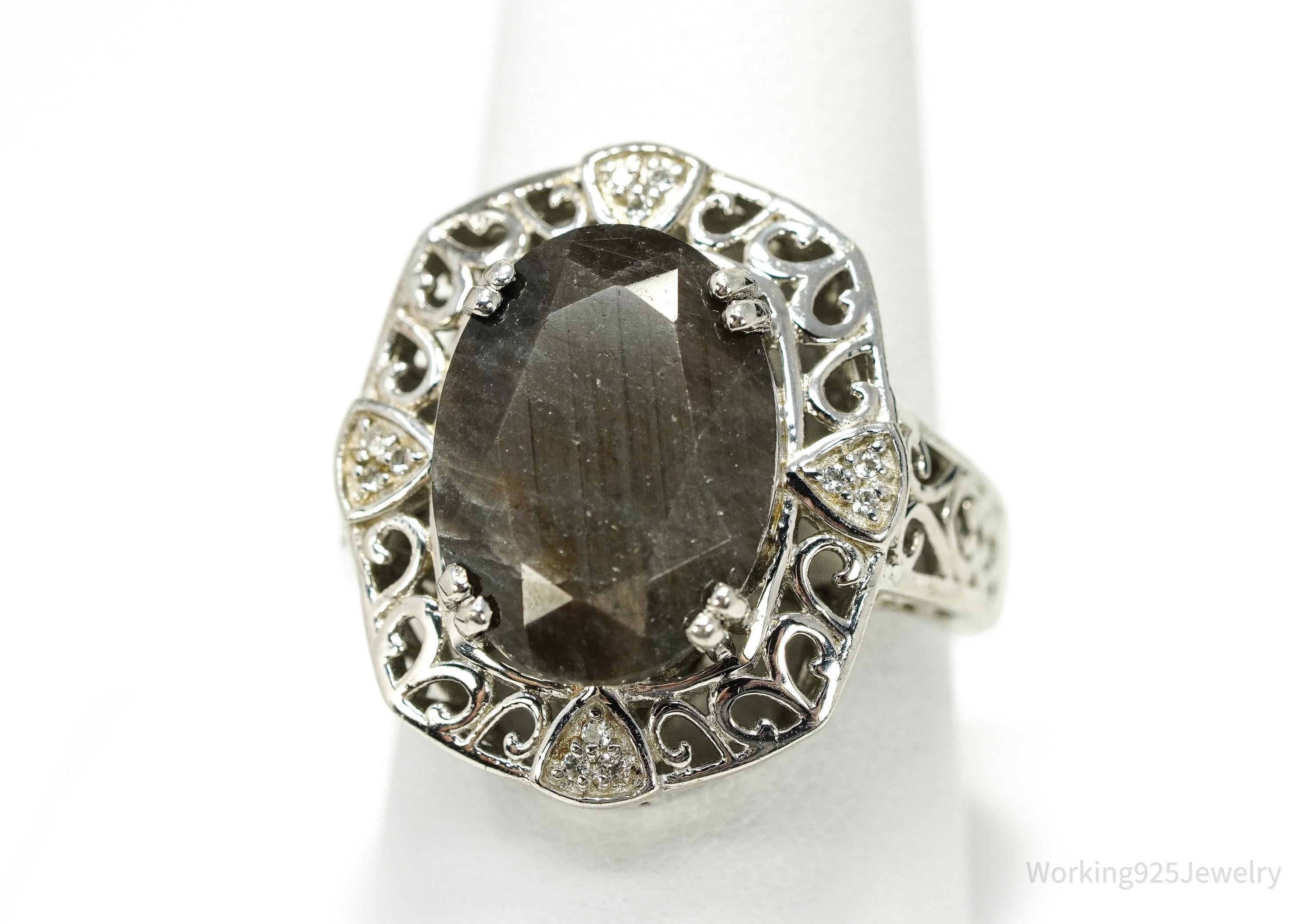 Vintage Grey Brown Stone & White Topaz Sterling Silver Ring - Size 9