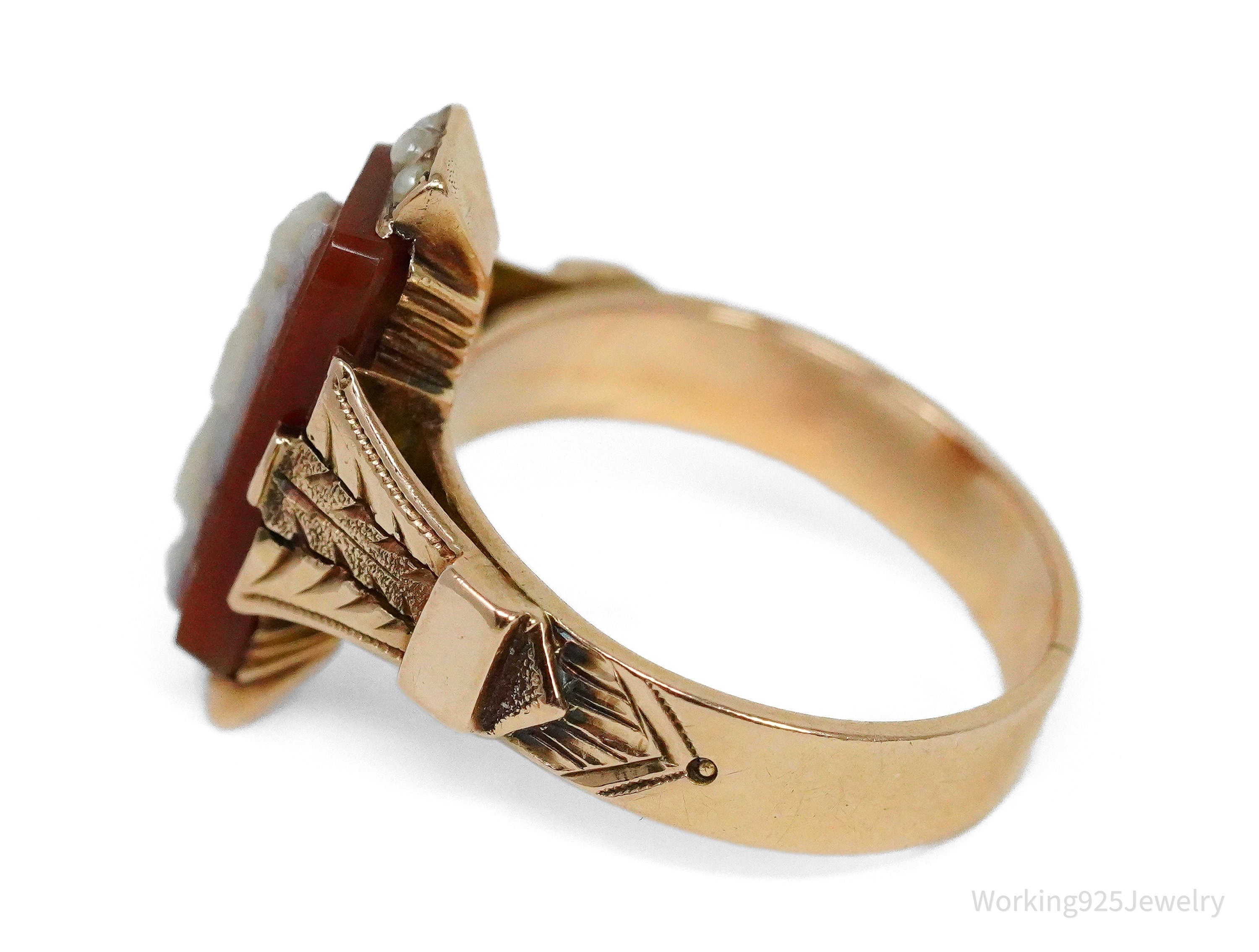 Antique 14K Rose Gold & Seed Pearls Cameo Ring - Size 6.5