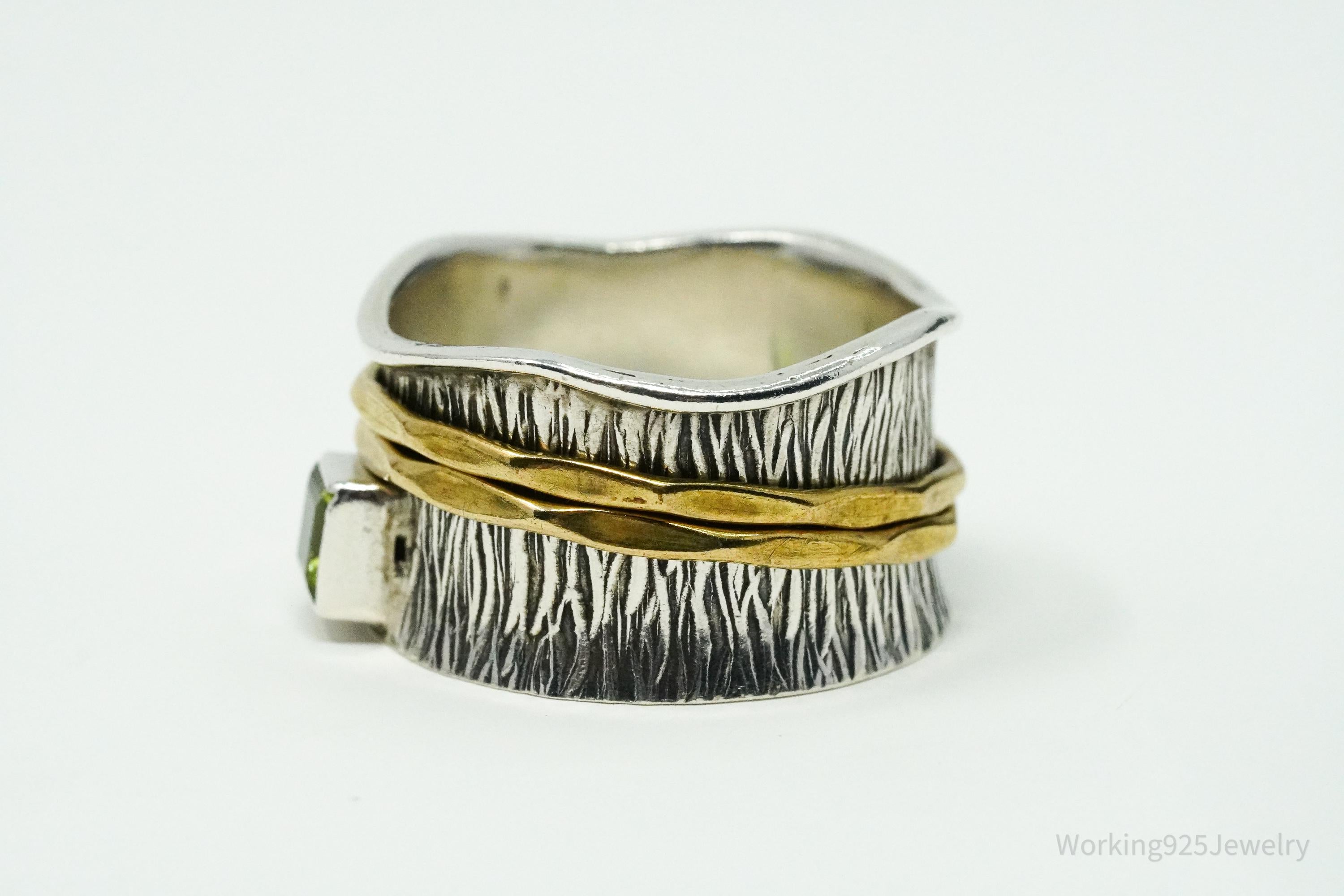 Vintage Peridot Brass Sterling Silver Spinner Band Ring- Size 10.75