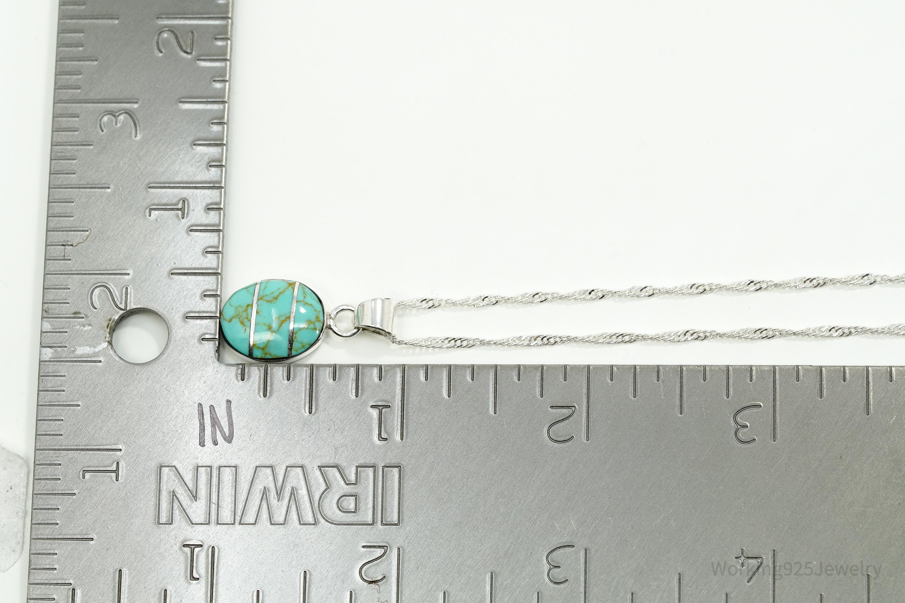 Vintage Blue Turquoise Inlay Sterling Silver Necklace 18"