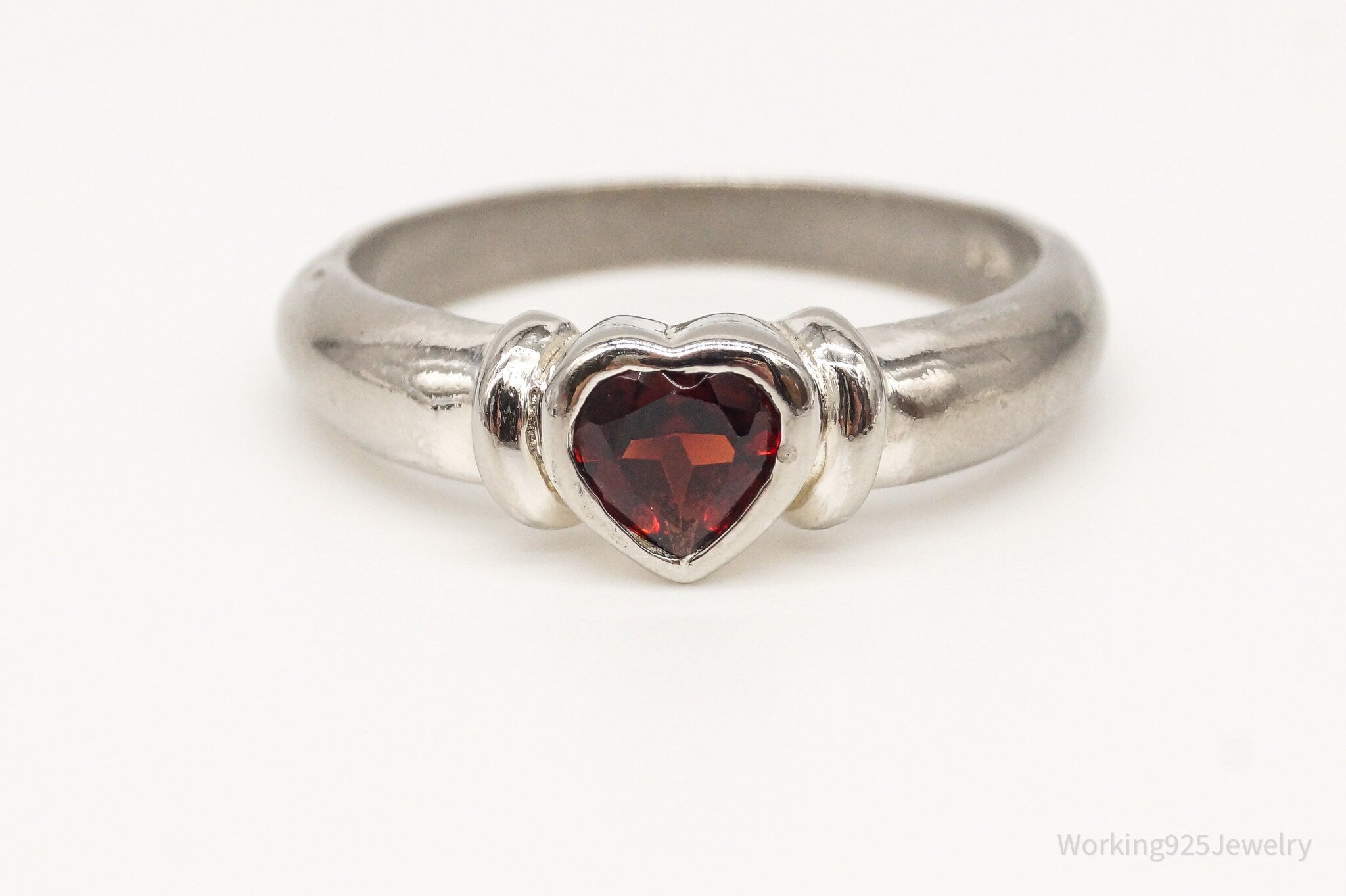 Vintage FAS Garnet Rhodium Plate Over Sterling Silver Ring - Size 7.5