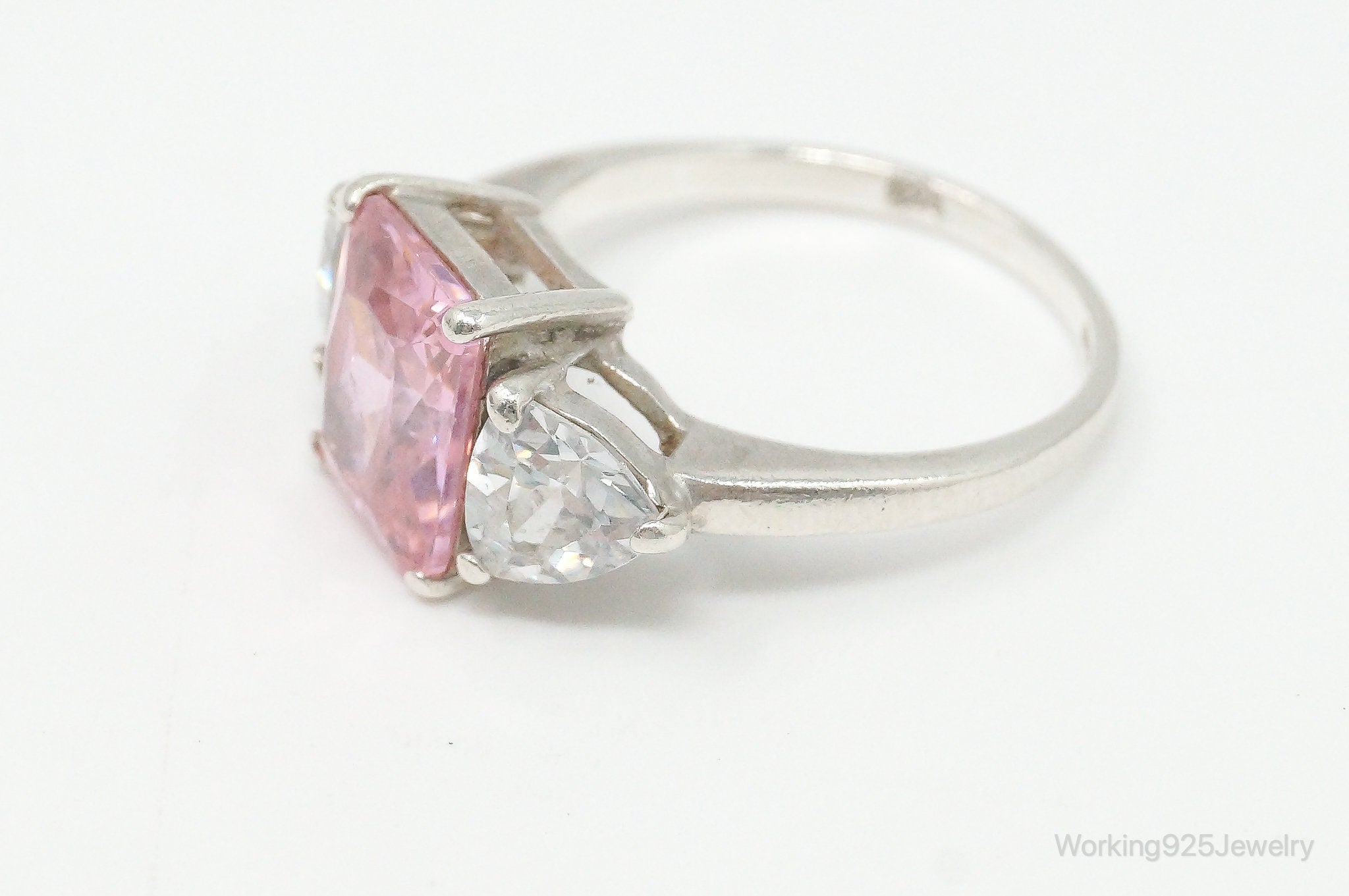 Vintage Large Pink Cubic Zirconia Sterling Silver Statement Ring - Size 7.25