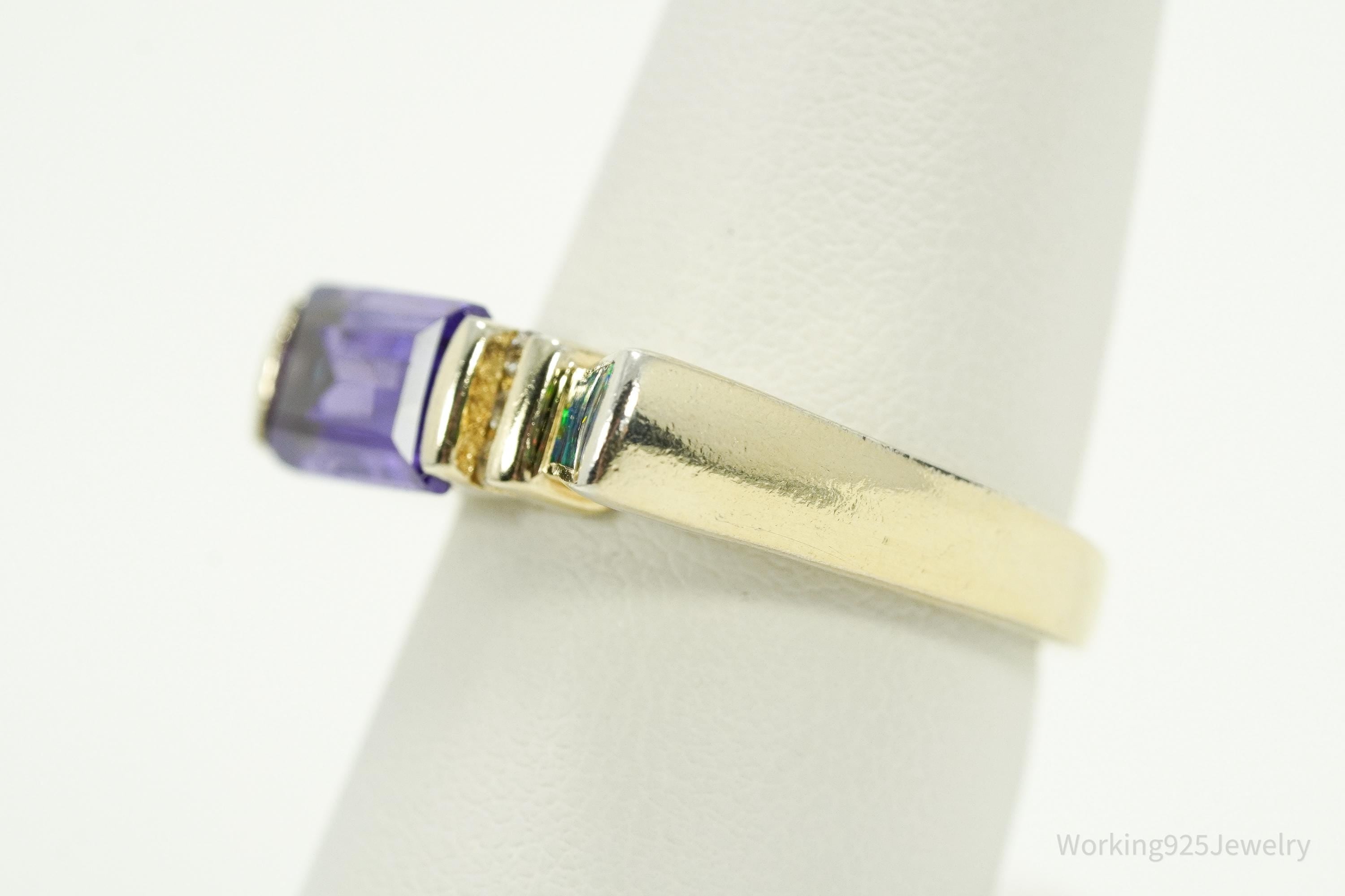 Vintage Designer AK Purple & White CZ Opal Gold Over Sterling Silver Ring - Size 8