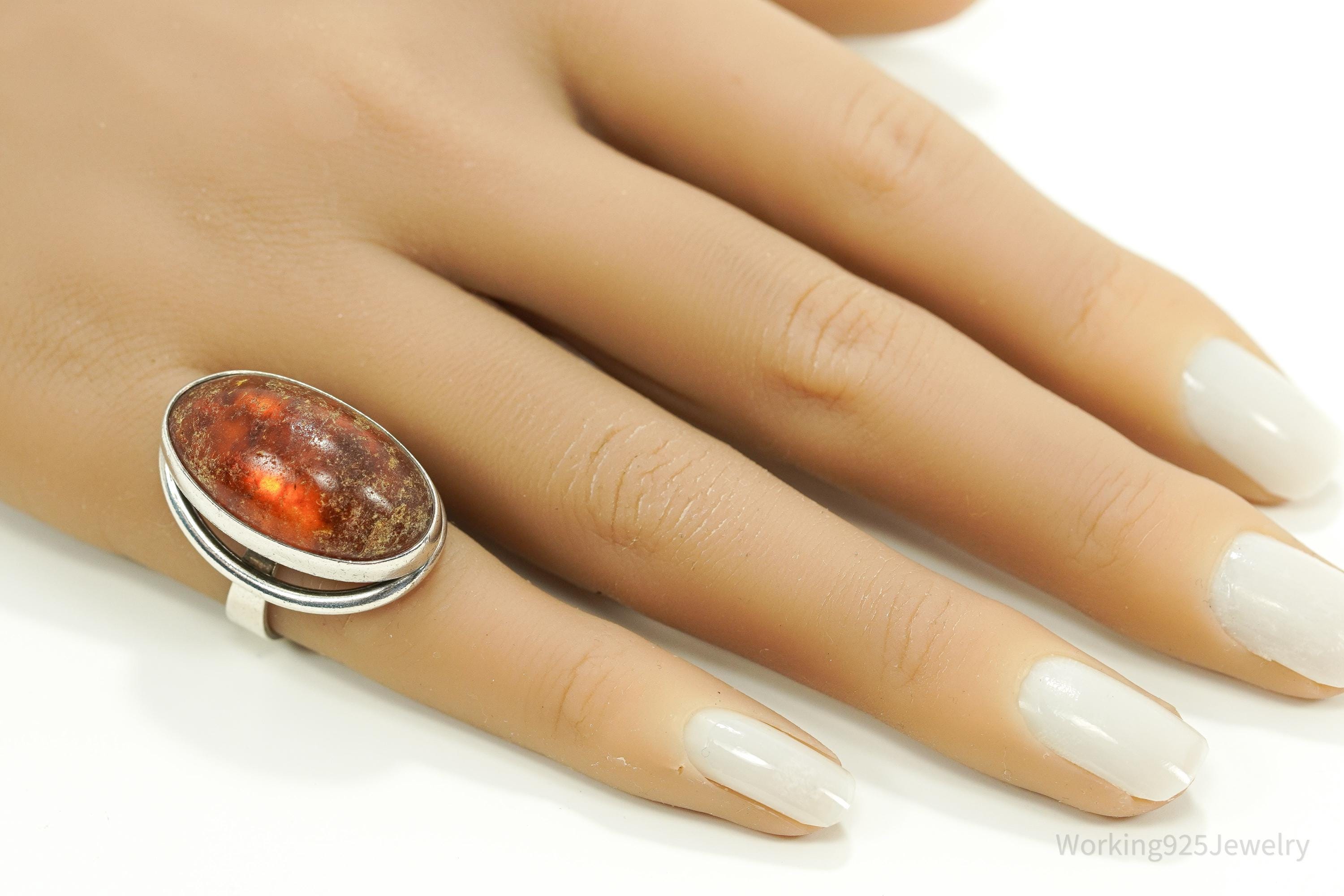 Rare Vintage 1950s Denmark Modernist Niels Erik Amber Sterling Silver Ring - Size 6.25