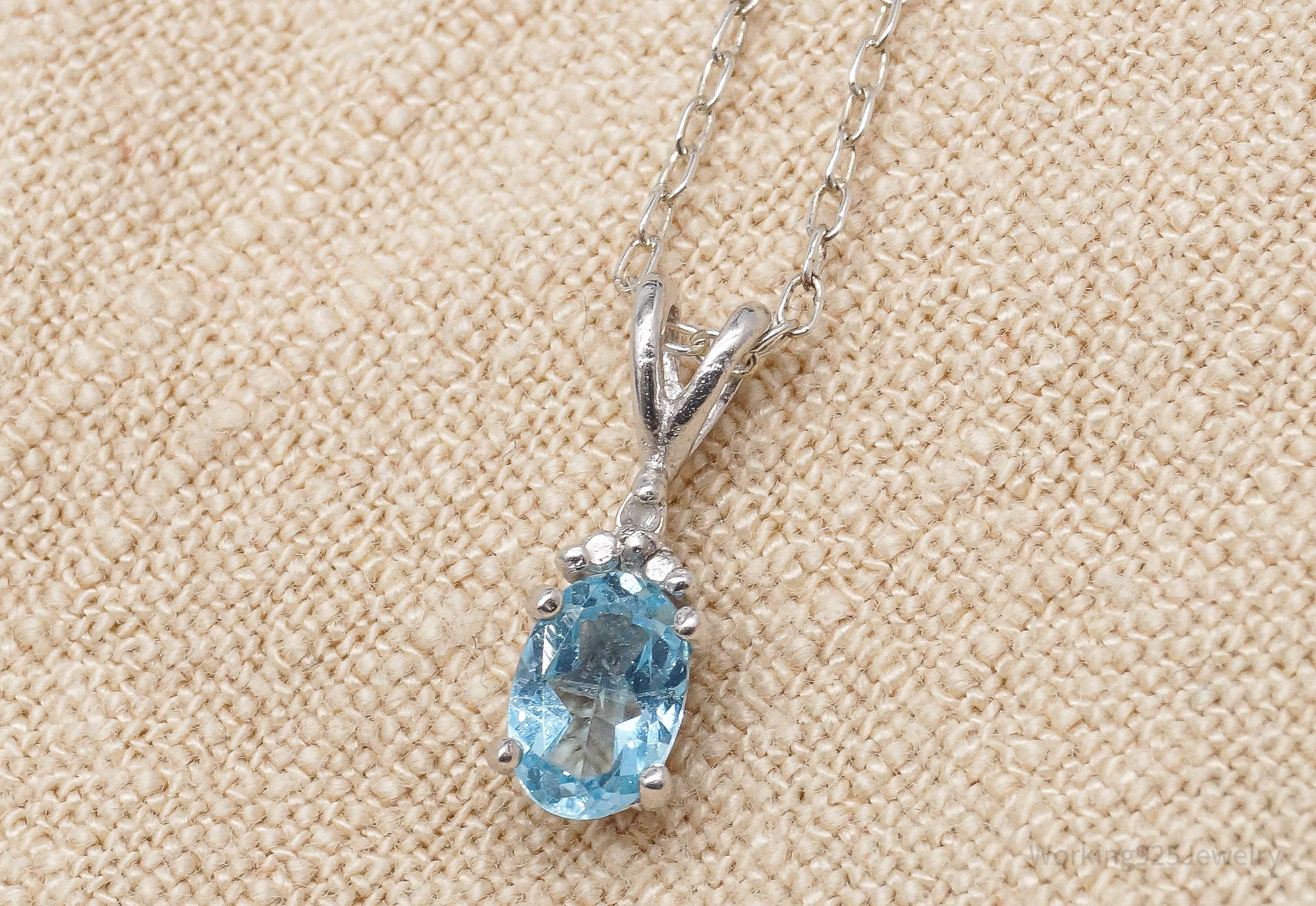 Vintage Blue Topaz & Diamond Sterling Silver Chain Necklace 18"