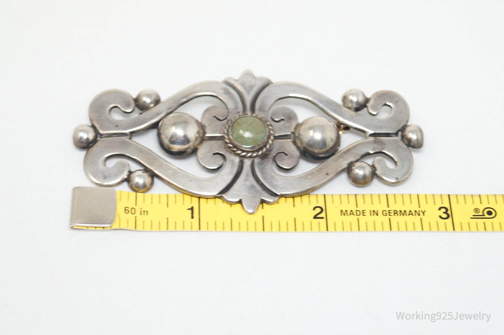 Large Vintage Taxco Mexico Turquoise Modernist 980 Silver Brooch Pin