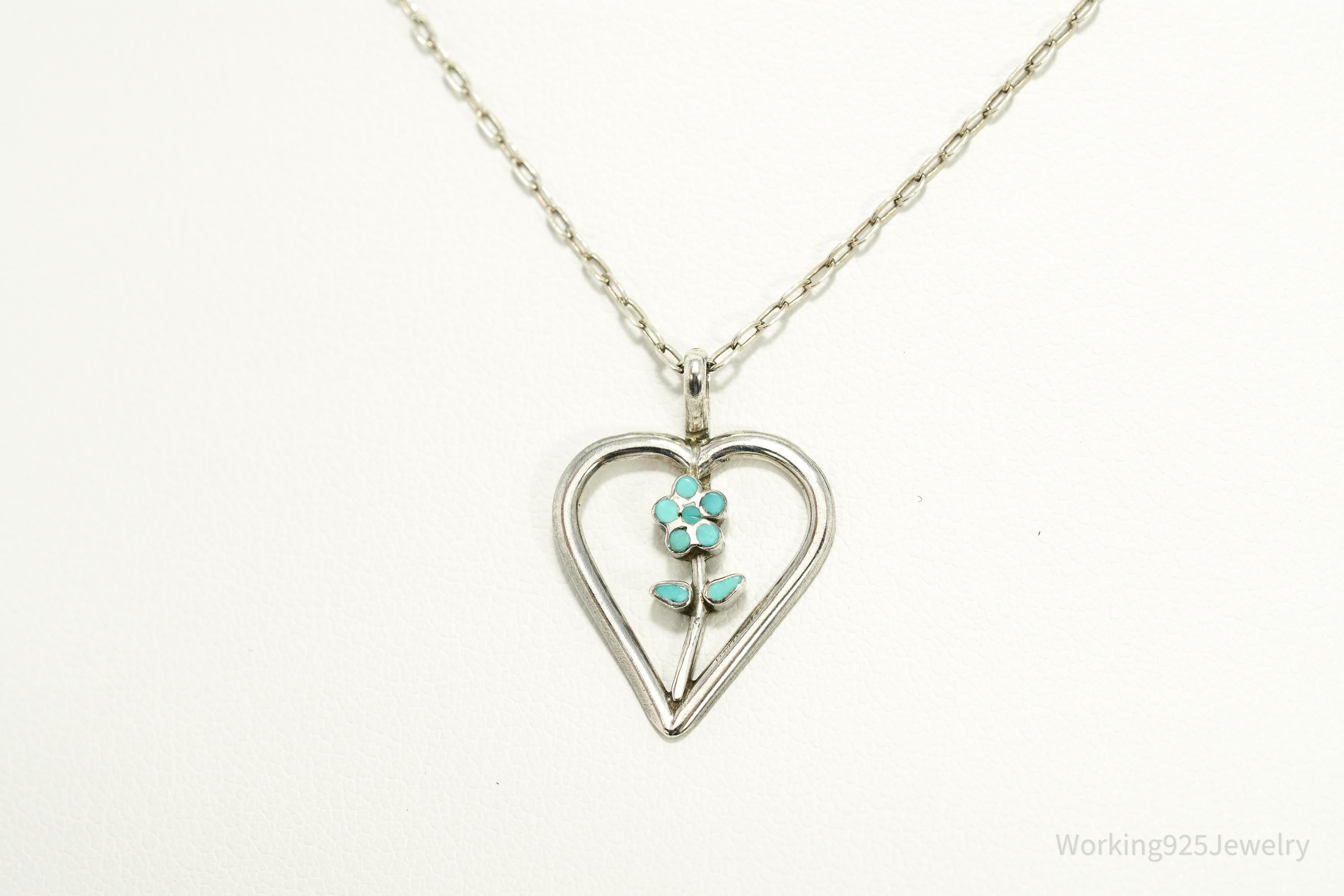 Vintage Turquoise Inlay Flower Heart Sterling Silver Chain Necklace 16"