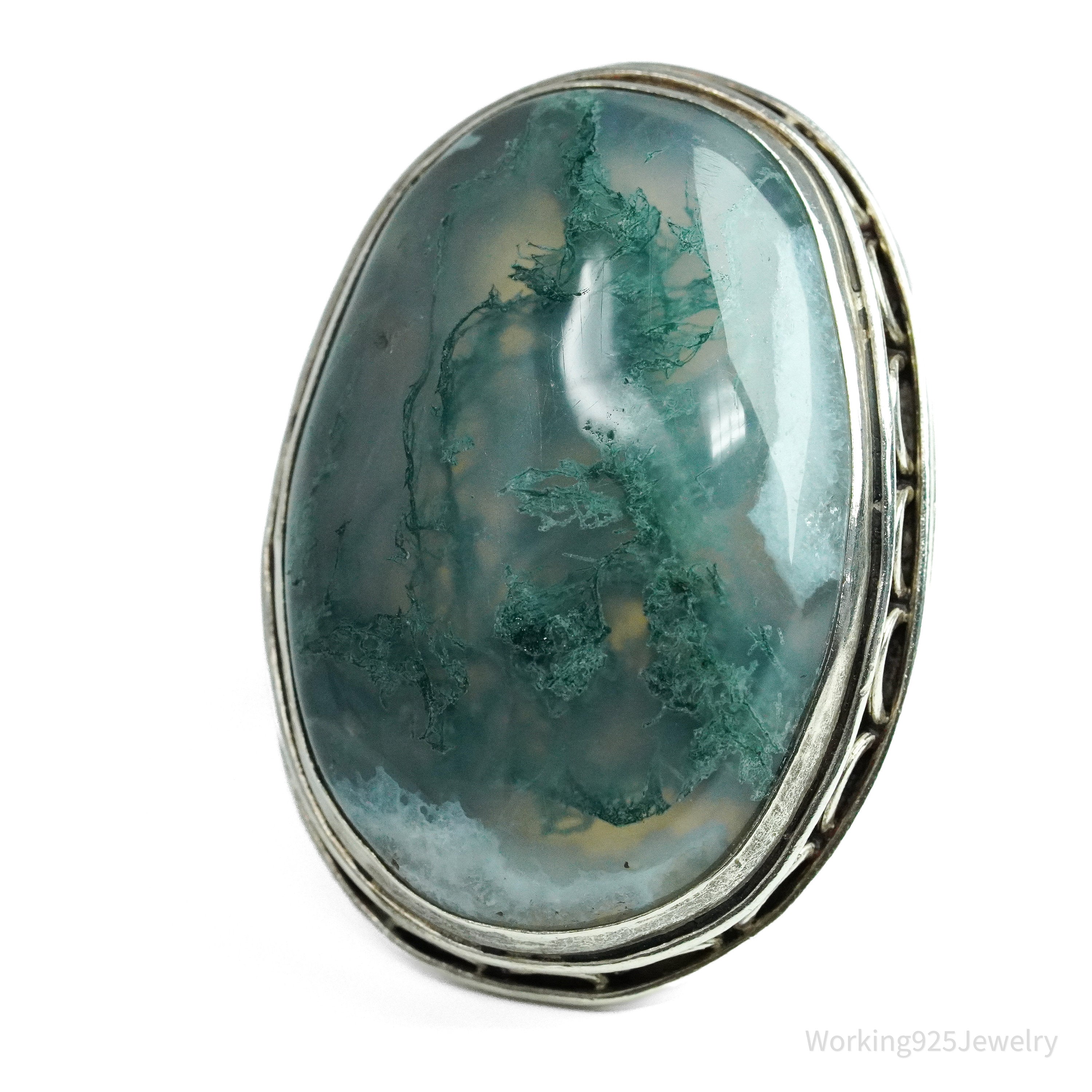 Vintage Large Moss Agate Sterling Silver Ring - Size 7.5