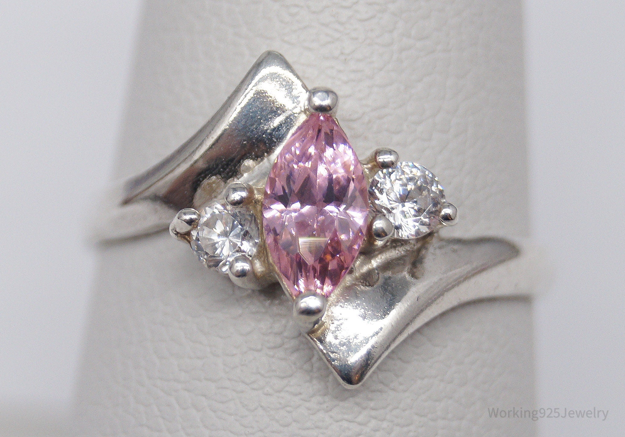 Vintage Pink & White Cubic Zirconia Sterling Silver Ring - Size 8