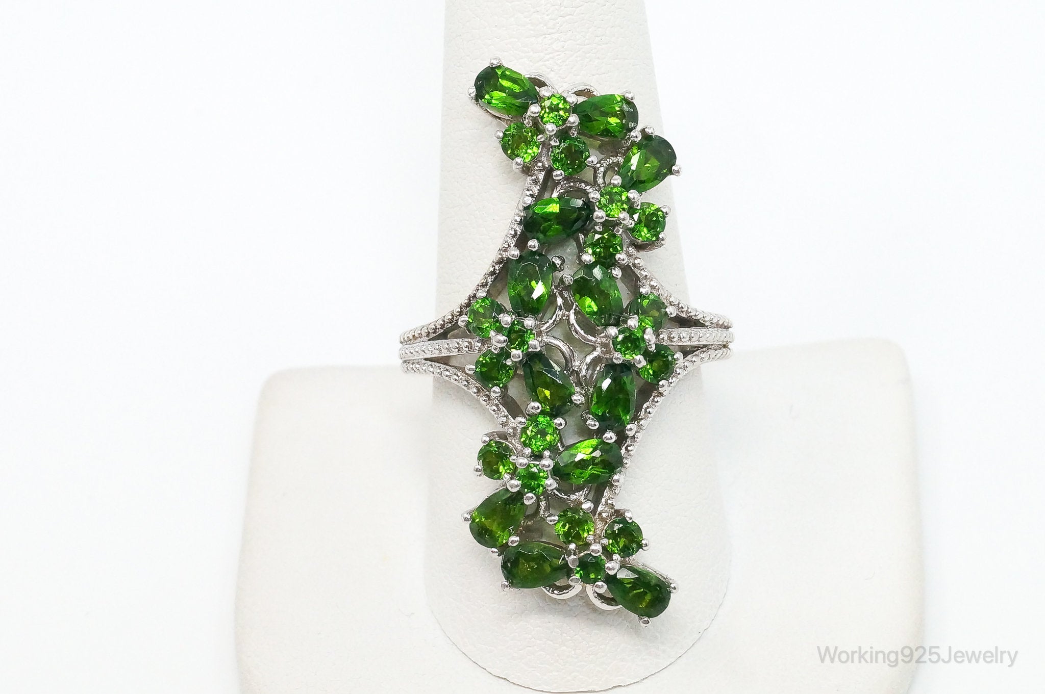 Vintage Long Peridot Butterflies Sterling Silver Ring - Size 10