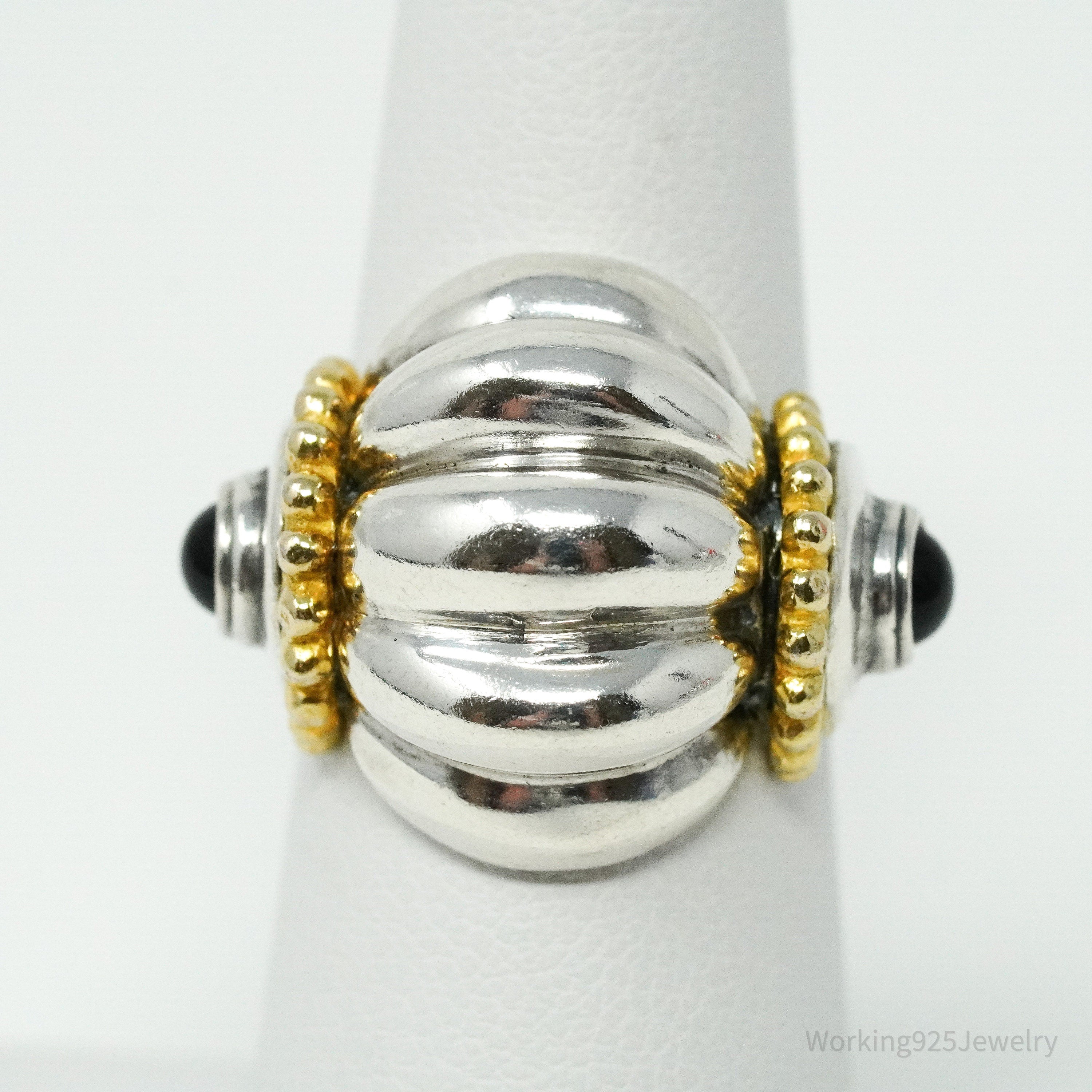 Vintage Italian Black Onyx Gold Vermeil Sterling Silver Ring - Size 6.5