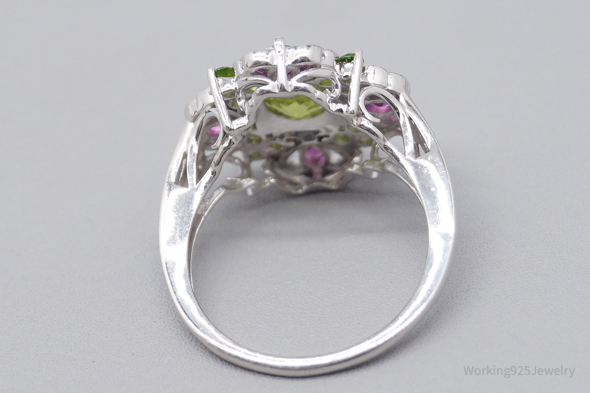 SGL Peridot & Pink Tourmaline Sterling Silver Ring - Size 9.75