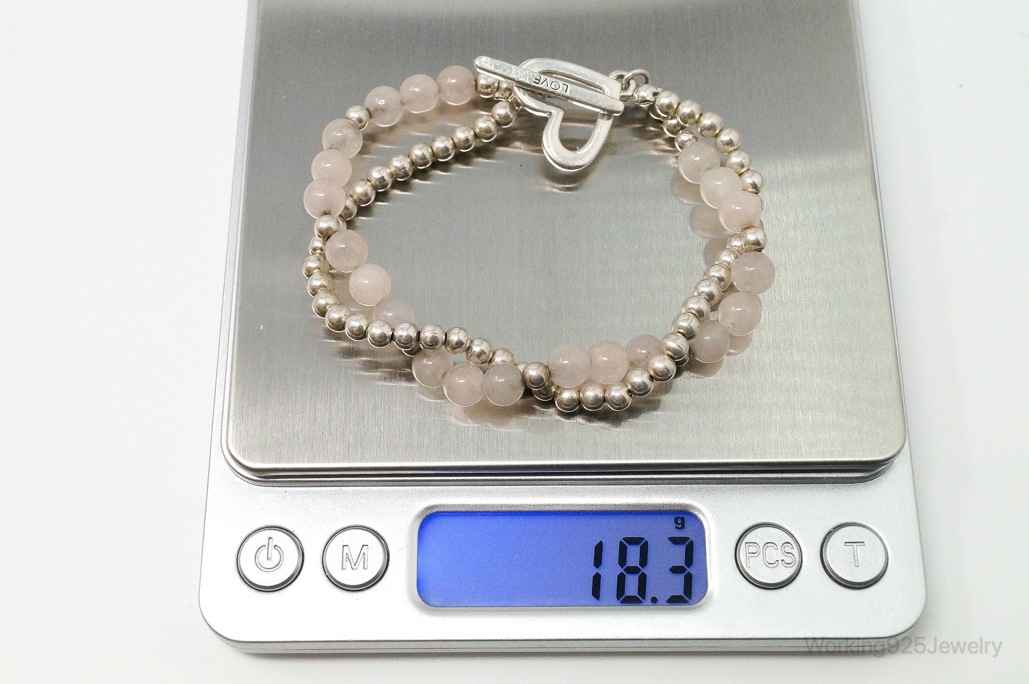 Vintage Rose Quartz Beaded Sterling Silver Heart Toggle Bracelet