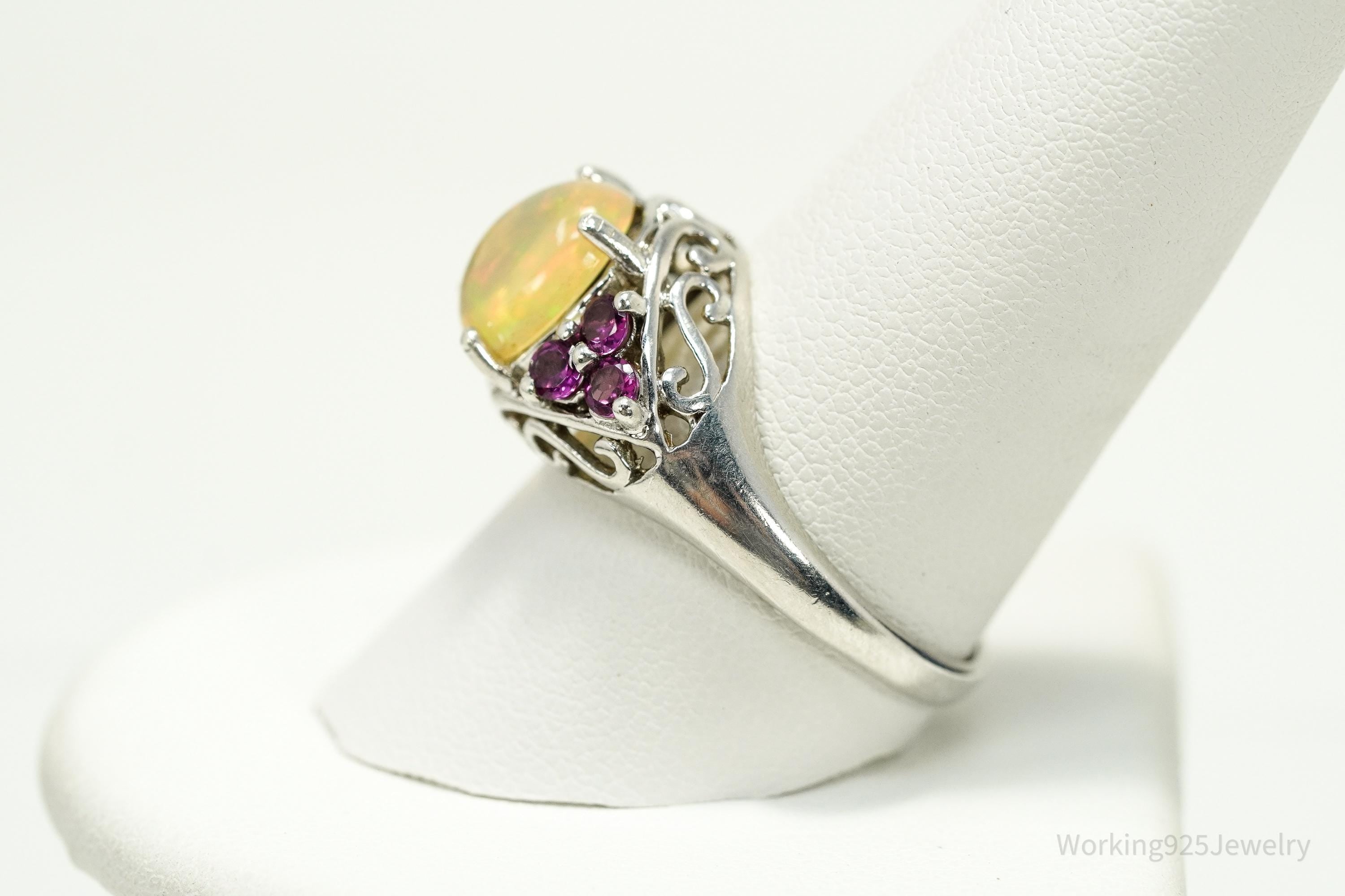 Vintage Ethiopian Opal & Rhodolite Garnet Sterling Silver Ring - Size 10
