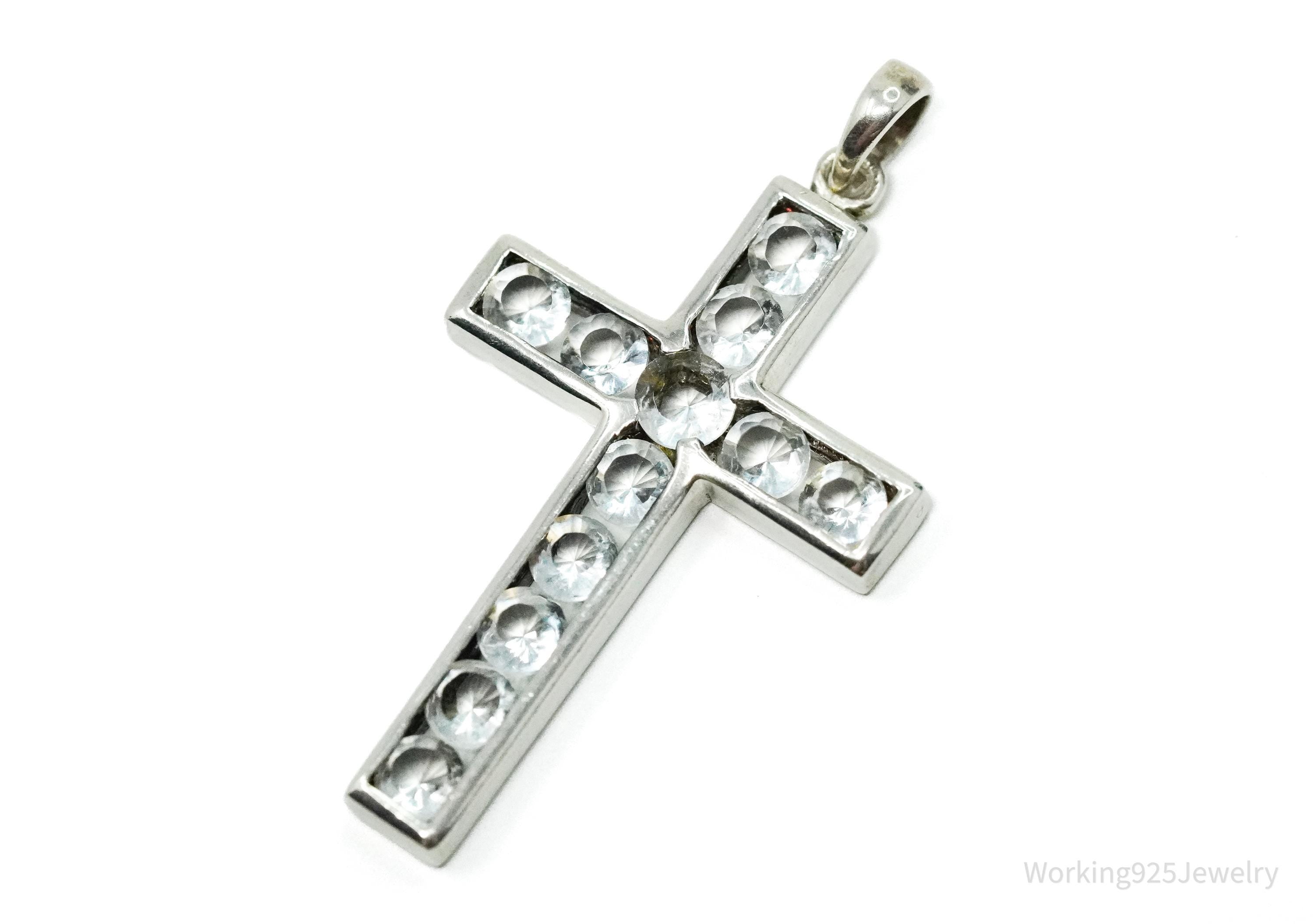 Vintage Crystal Cross Sterling Silver Necklace Pendant