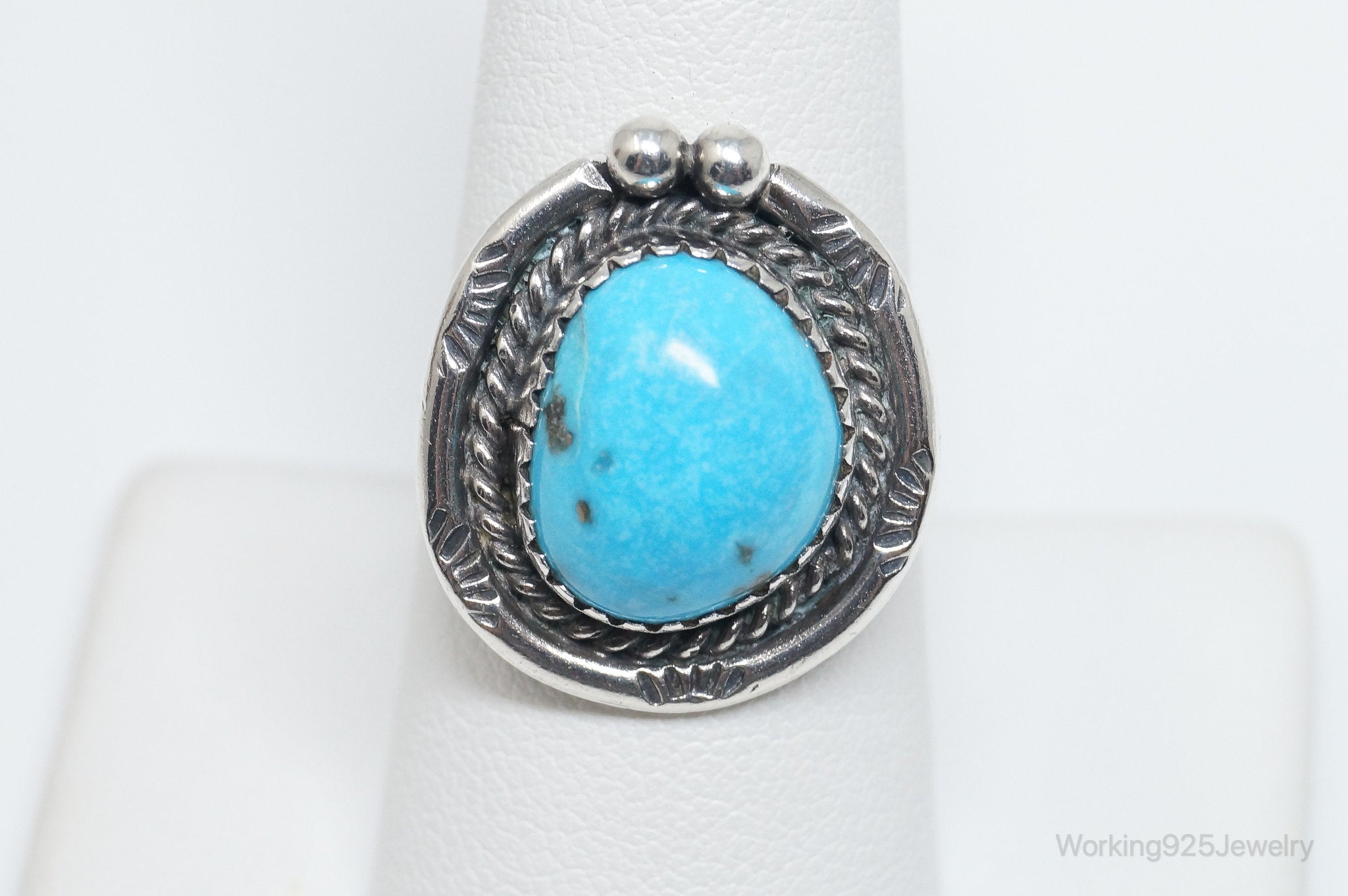 Vintage Native American Blue Turquoise Unsigned Sterling Silver Ring - SZ 8.25