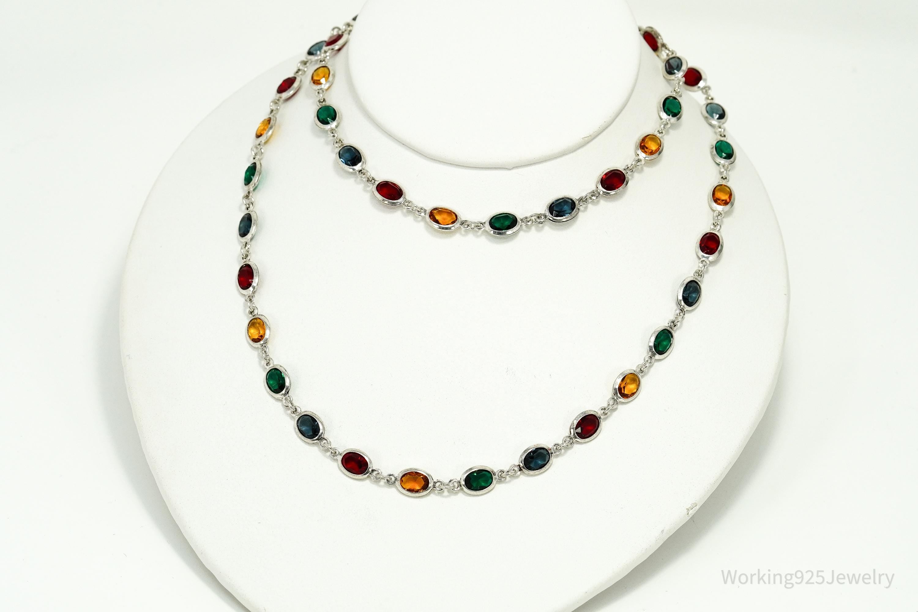 Vintage Italian Designer Milor Multi Color Glass Stone Sterling Silver Necklace 30"
