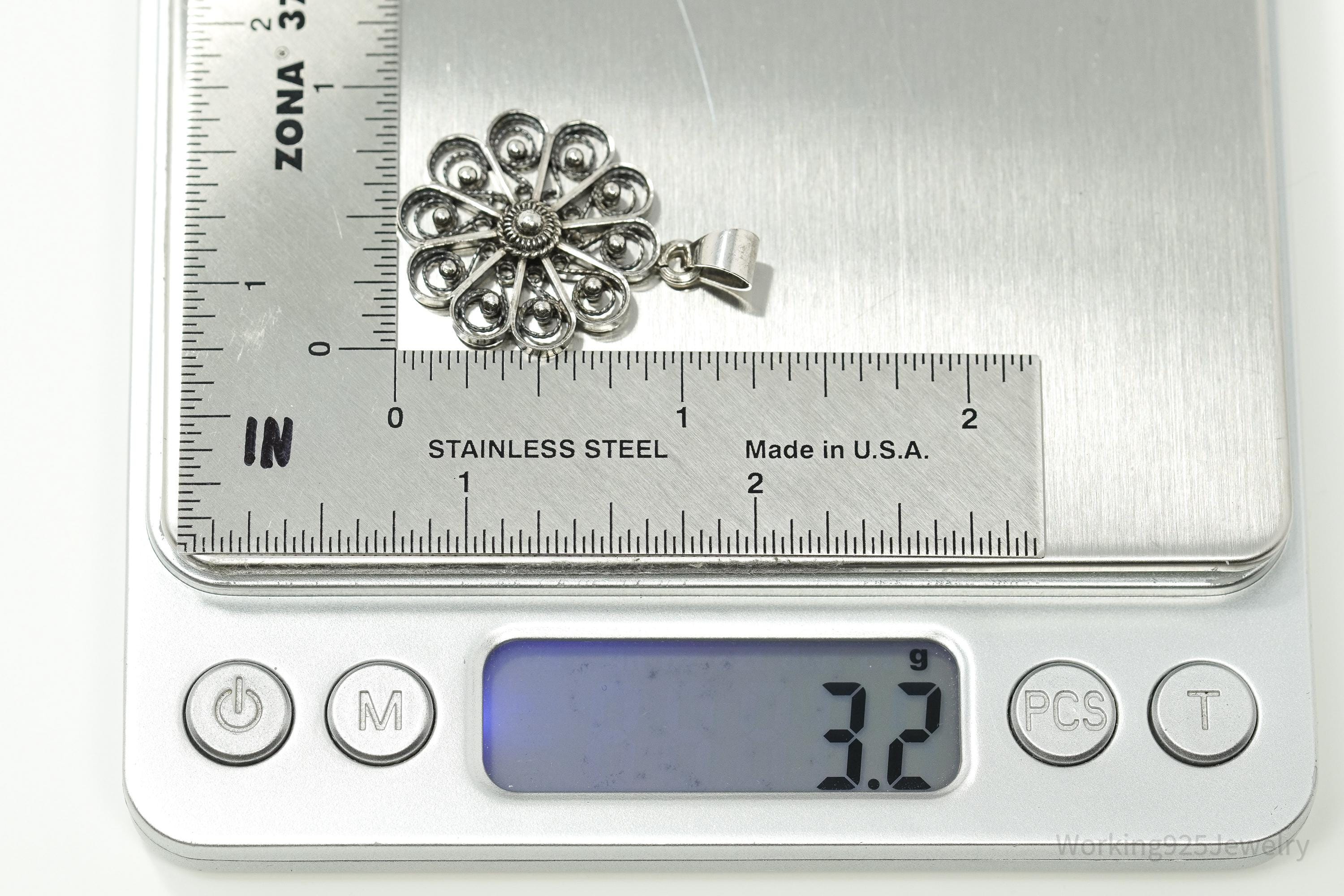 Vintage Ornate Norwegian Modernist Flower 830S Silver Pendant 1.25"