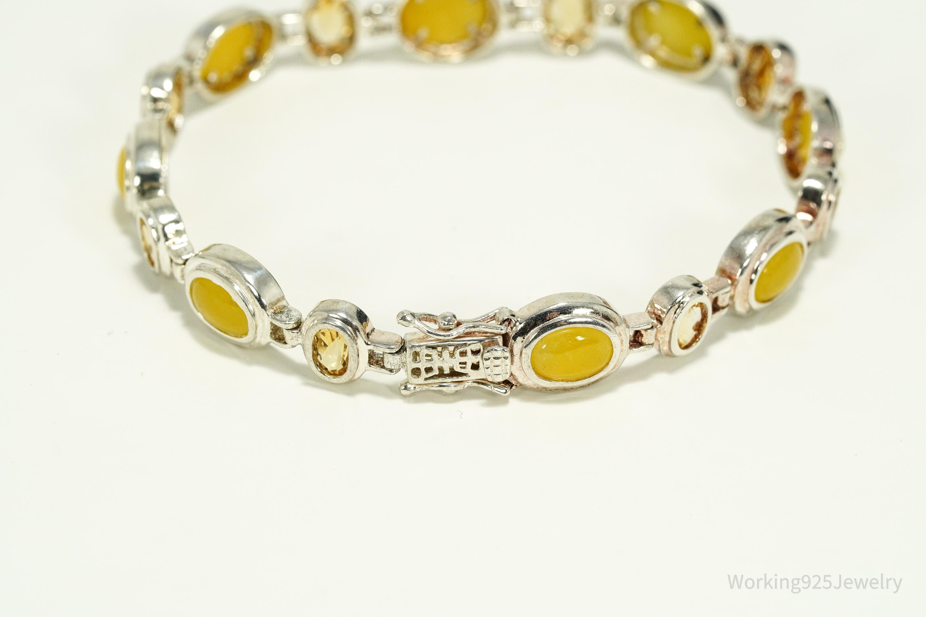 Vintage Yellow Jade & Citrine Sterling Silver Bracelet 7 7/8"