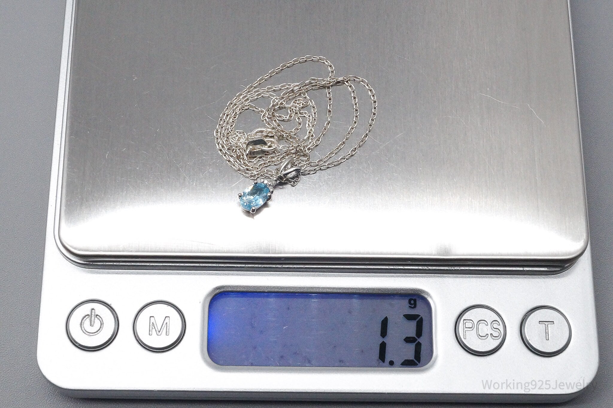 Vintage Blue Topaz & Diamond Sterling Silver Chain Necklace 18"