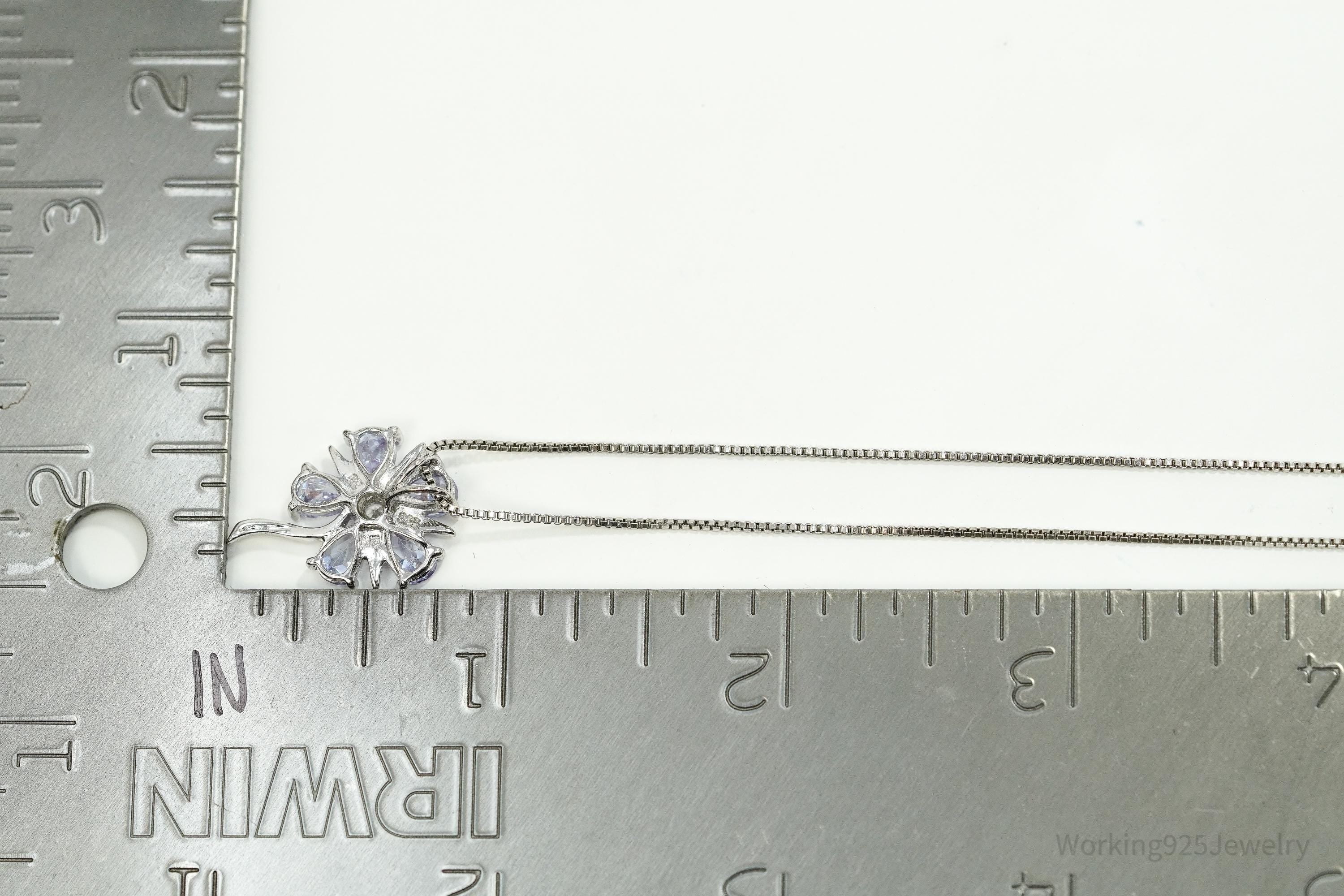 Vintage Periwinkle & White Cubic Zirconia Sterling Silver Flower Necklace - 18"