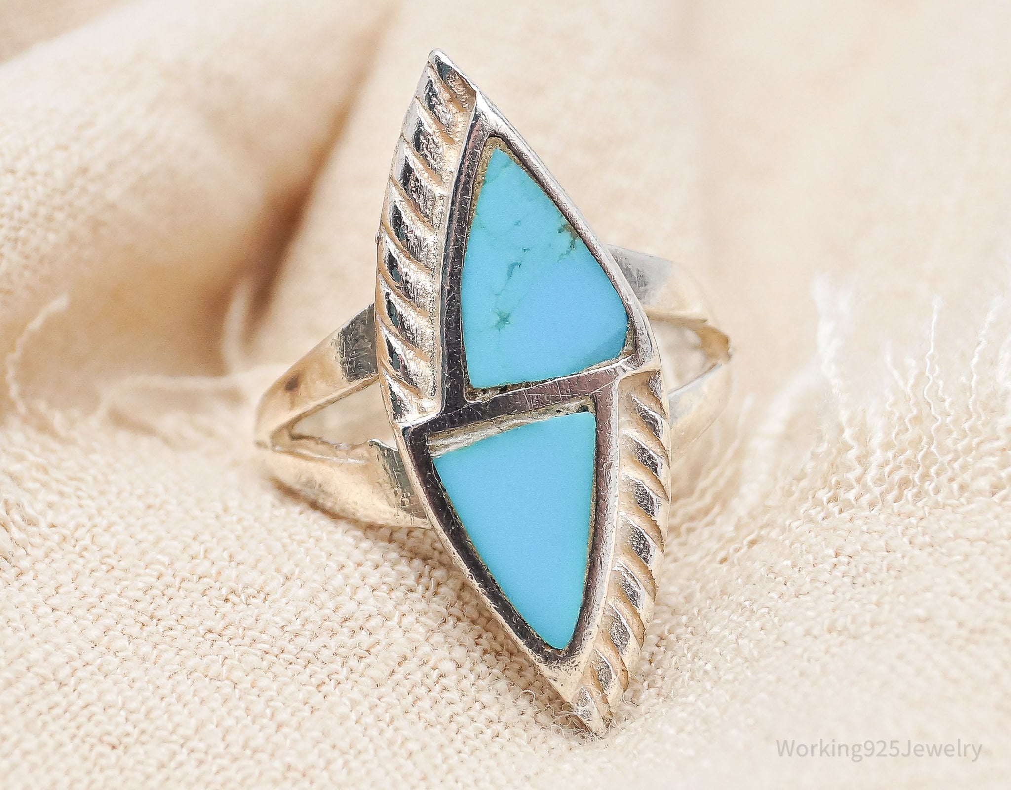 Vintage Native American Turquoise Inlay Silver Ring - Size 7.25