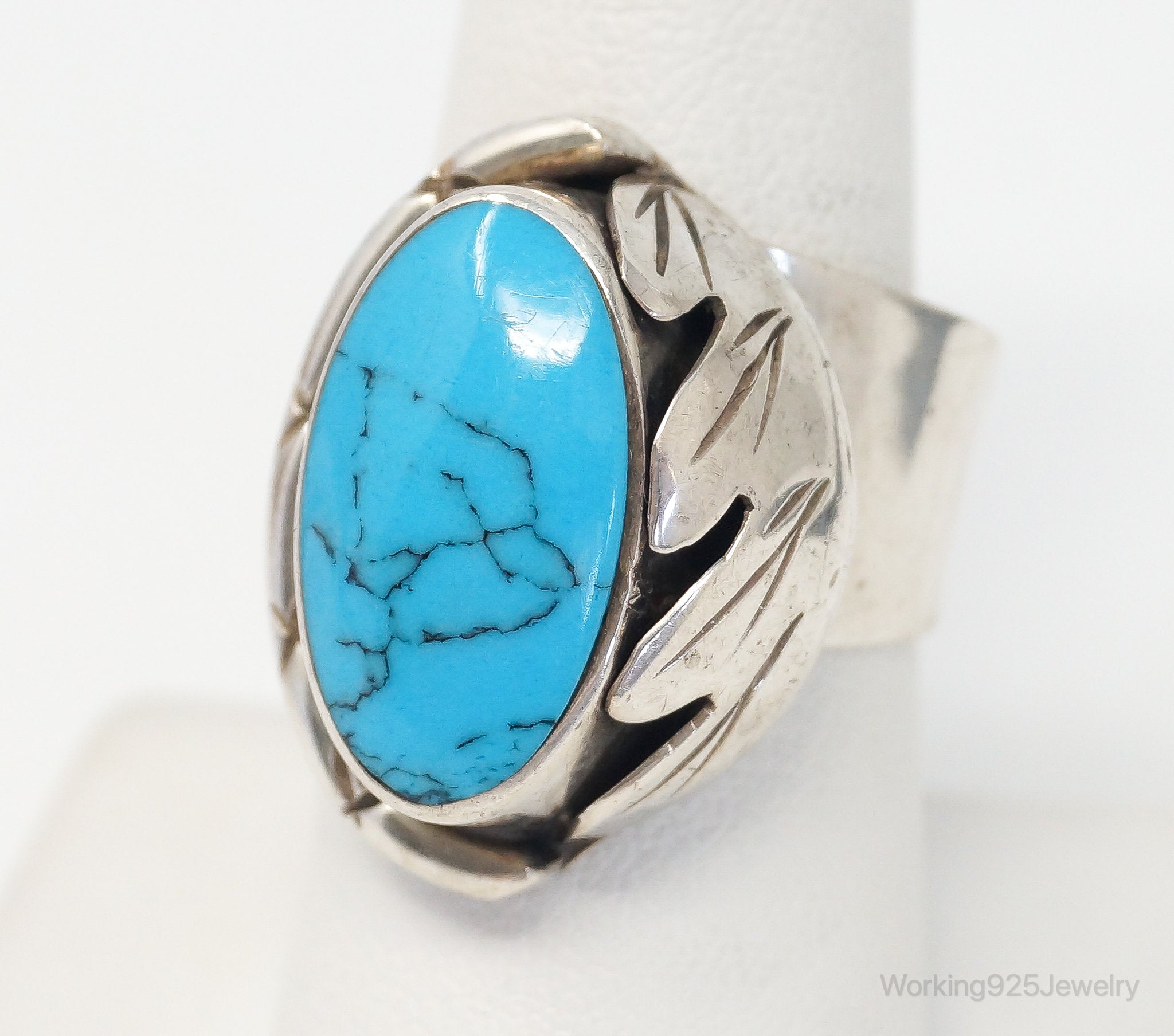 Vintage Mexico Blue Turquoise Sterling Silver Ring Size 8.5 Adjustable