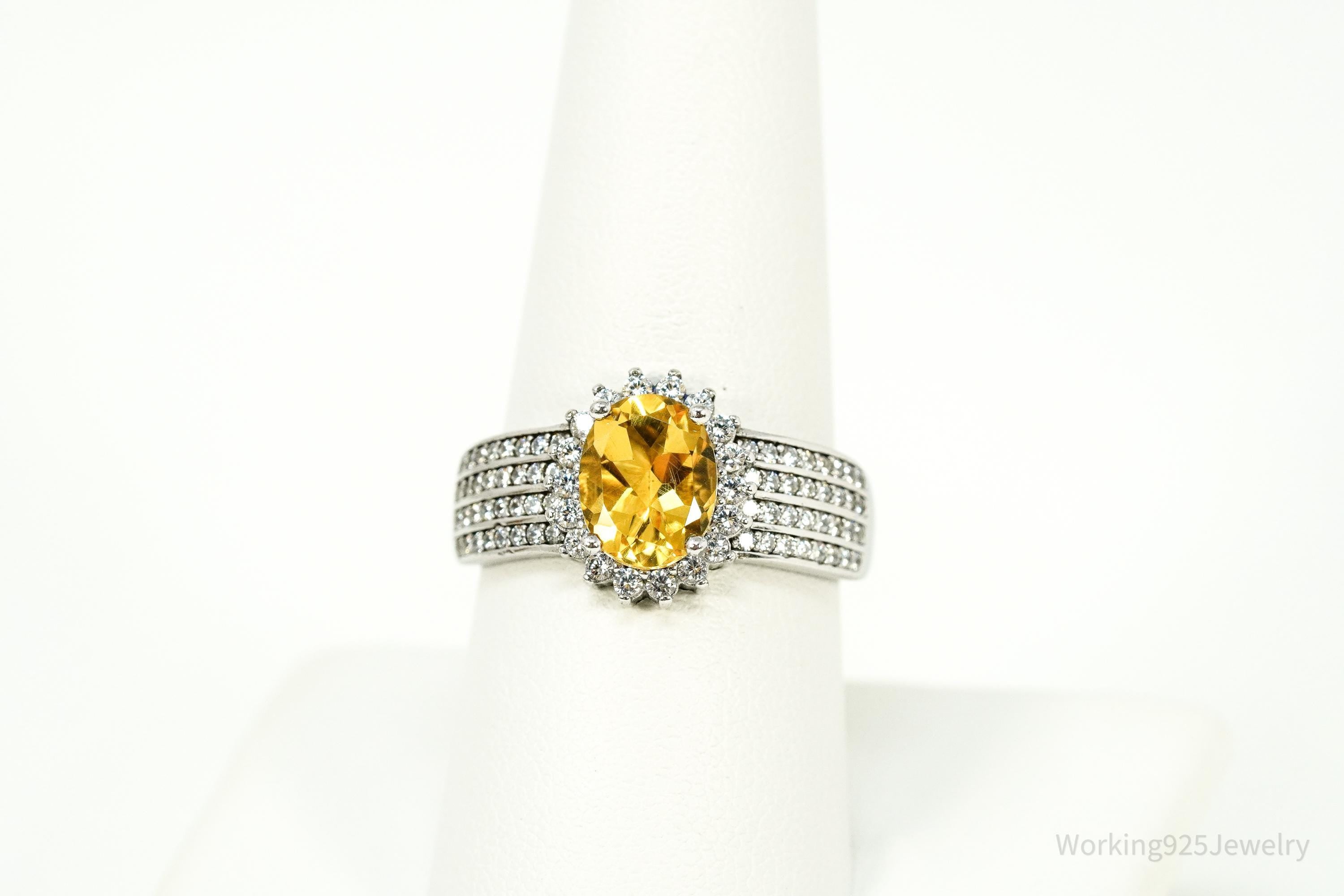 Vintage Citrine & Cubic Zirconia Sterling Silver Ring - Size 9