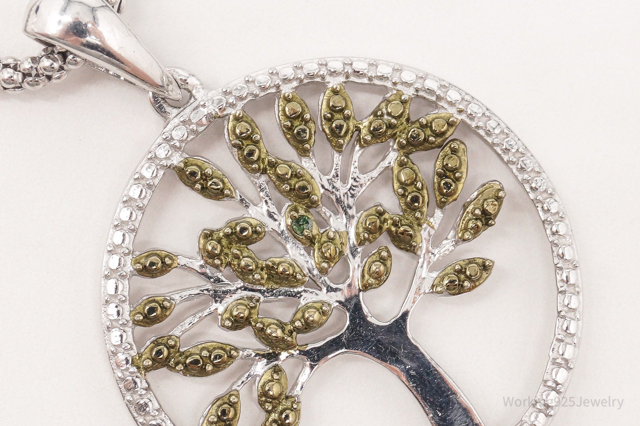 Vintage Tree Of Life Green Diamond Green Vermeil Sterling Silver Necklace 18"