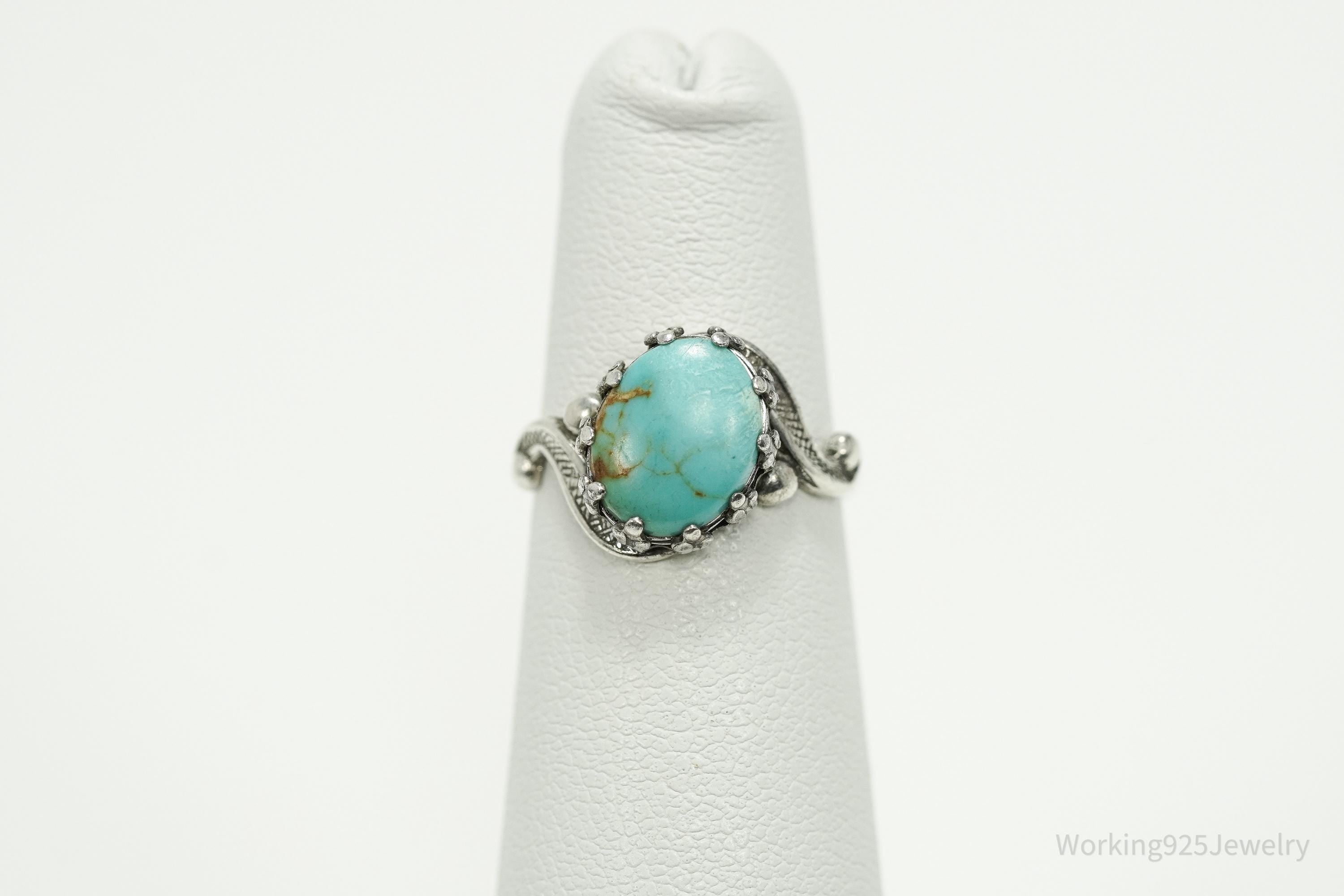 Vintage Native American Signed JP Turquoise Sterling Silver Ring - Size 4.5