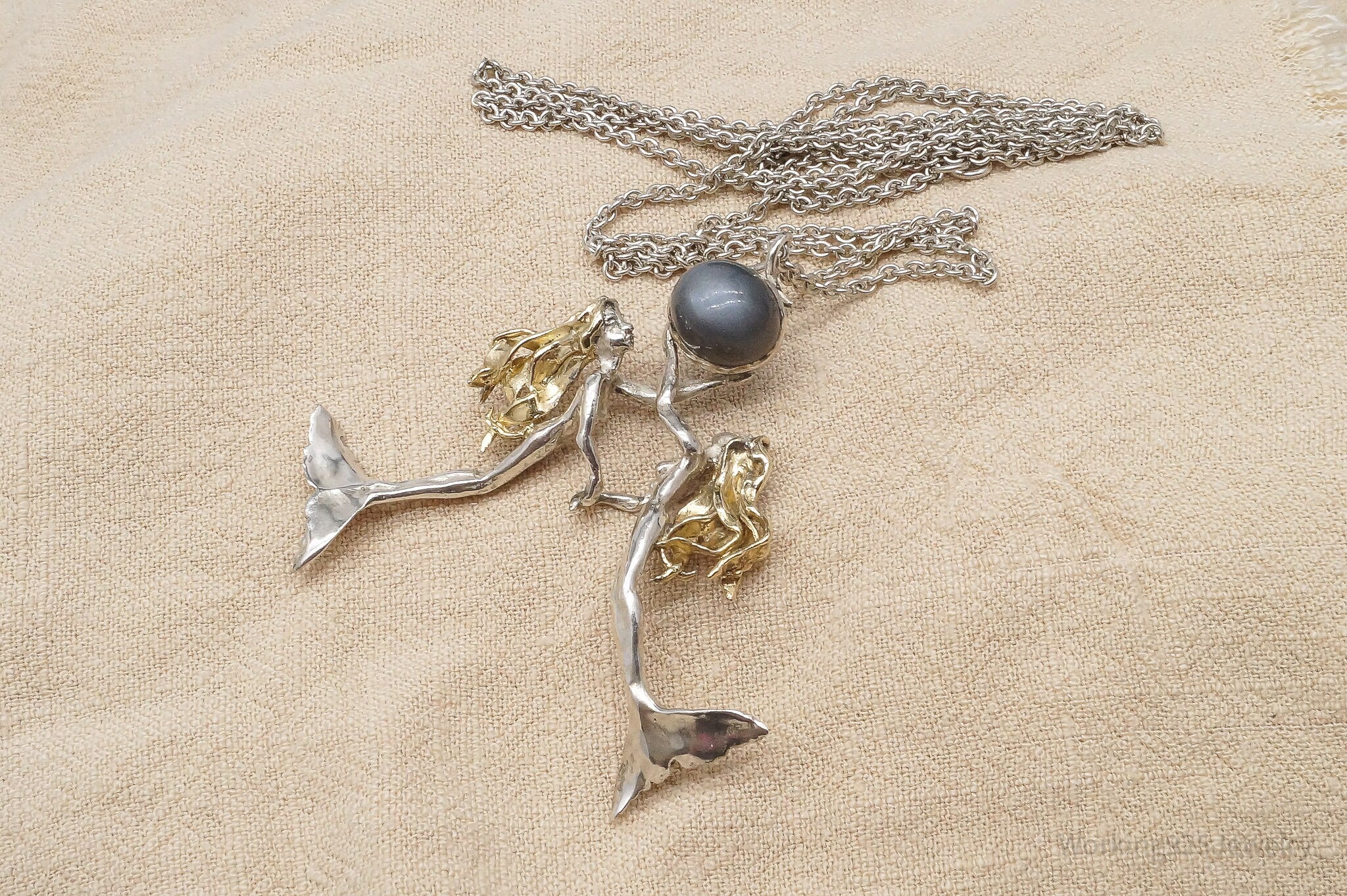 Vintage Gray Moonstone 24K Gold Sterling Silver Mermaids Necklace 34"