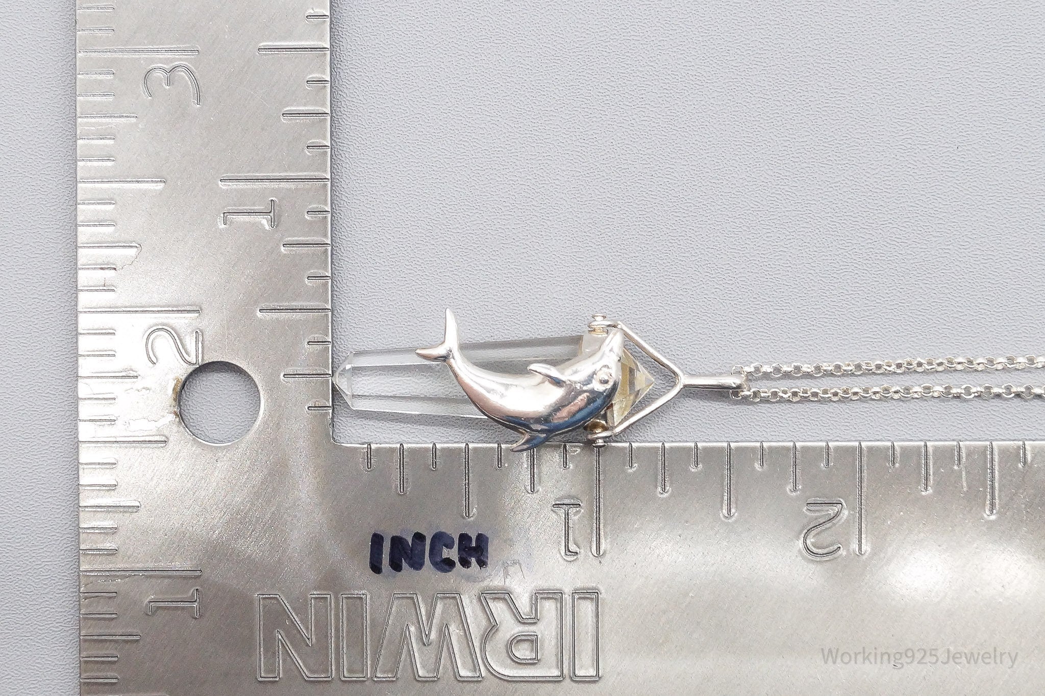 Vintage Dolphin & Crystal Sterling Silver Necklace 18"
