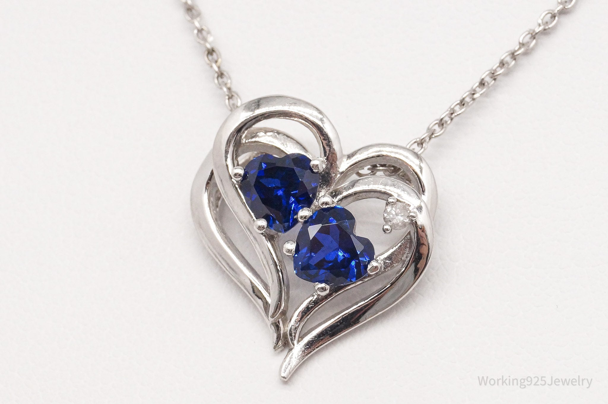 Vintage Lab Sapphire Diamond Heart Sterling Silver Necklace 18"