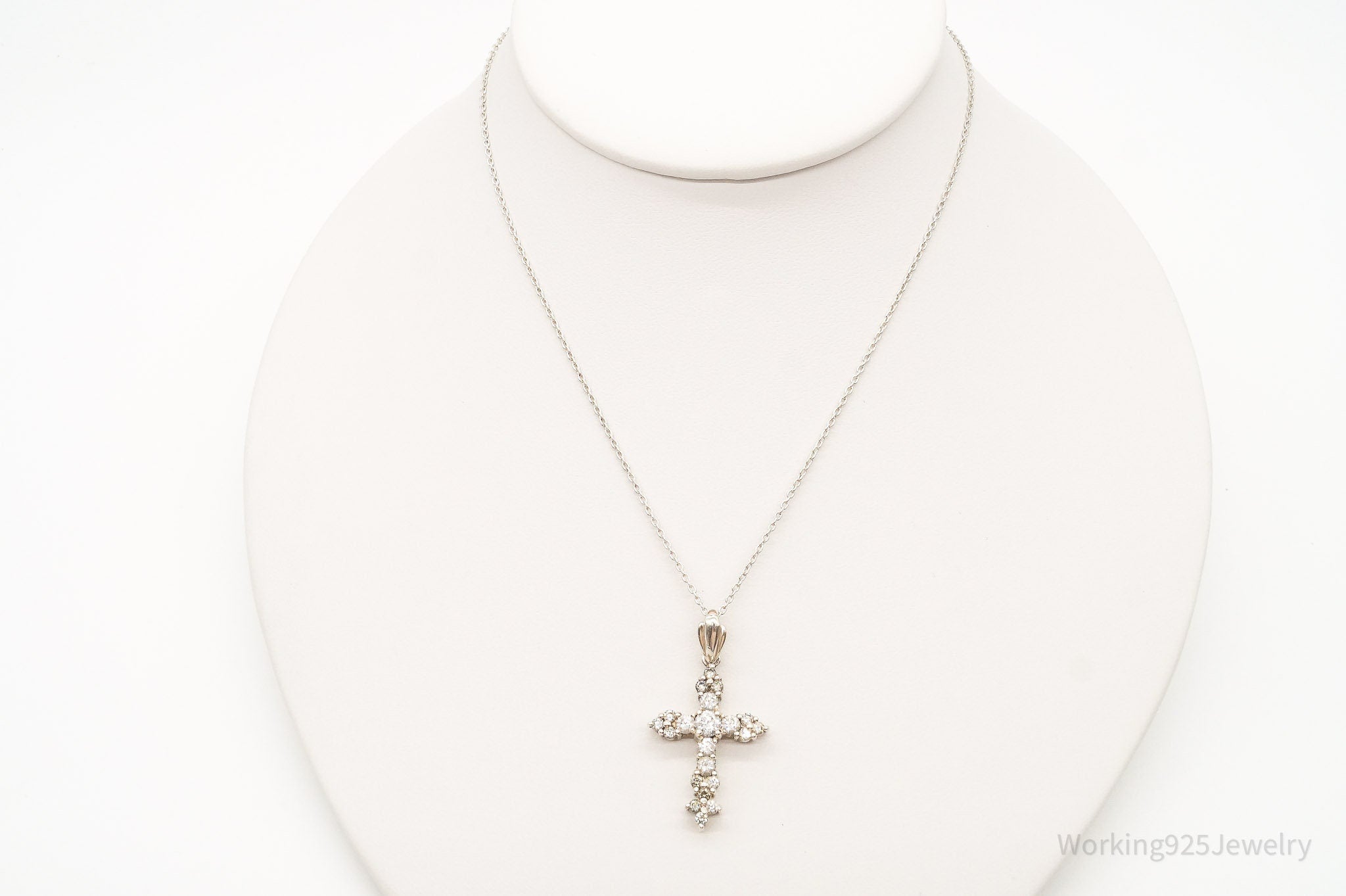 Vintage Cubic Zirconia Cross Sterling Silver Chain Necklace