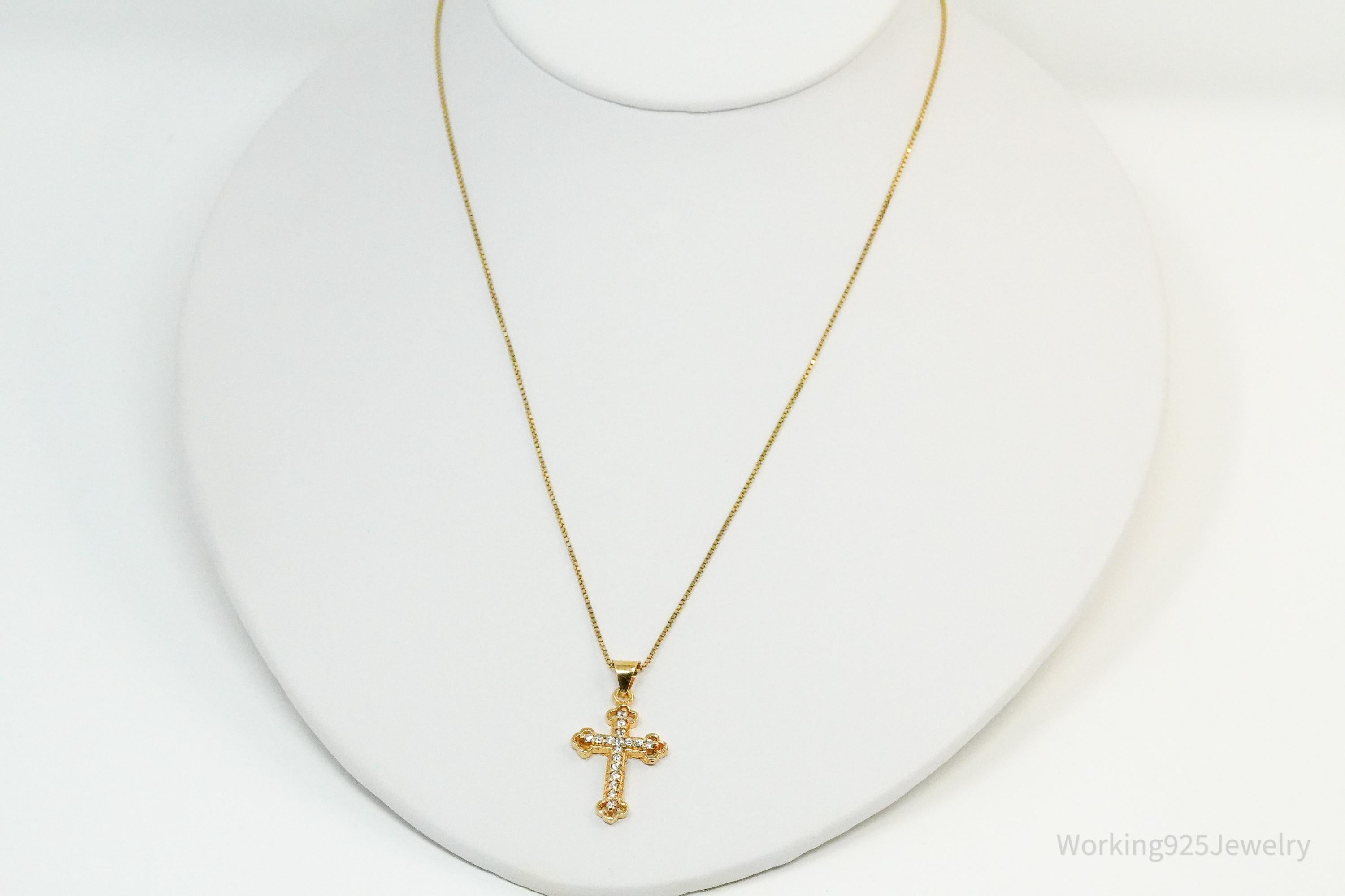 Vintage Cubic Zirconia Gold Over Sterling Silver Cross Necklace 22"