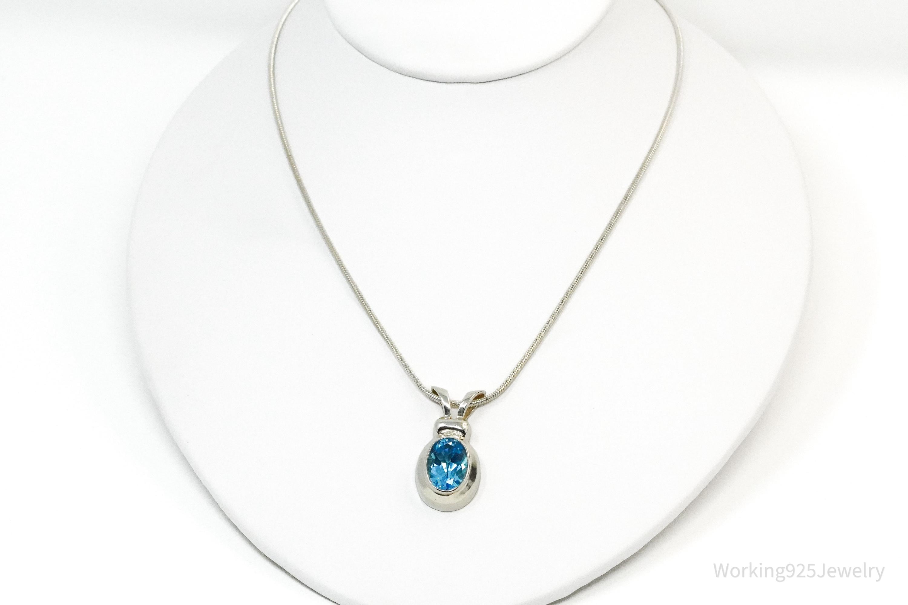 Vintage Large Blue Topaz Sterling Silver Necklace 18"