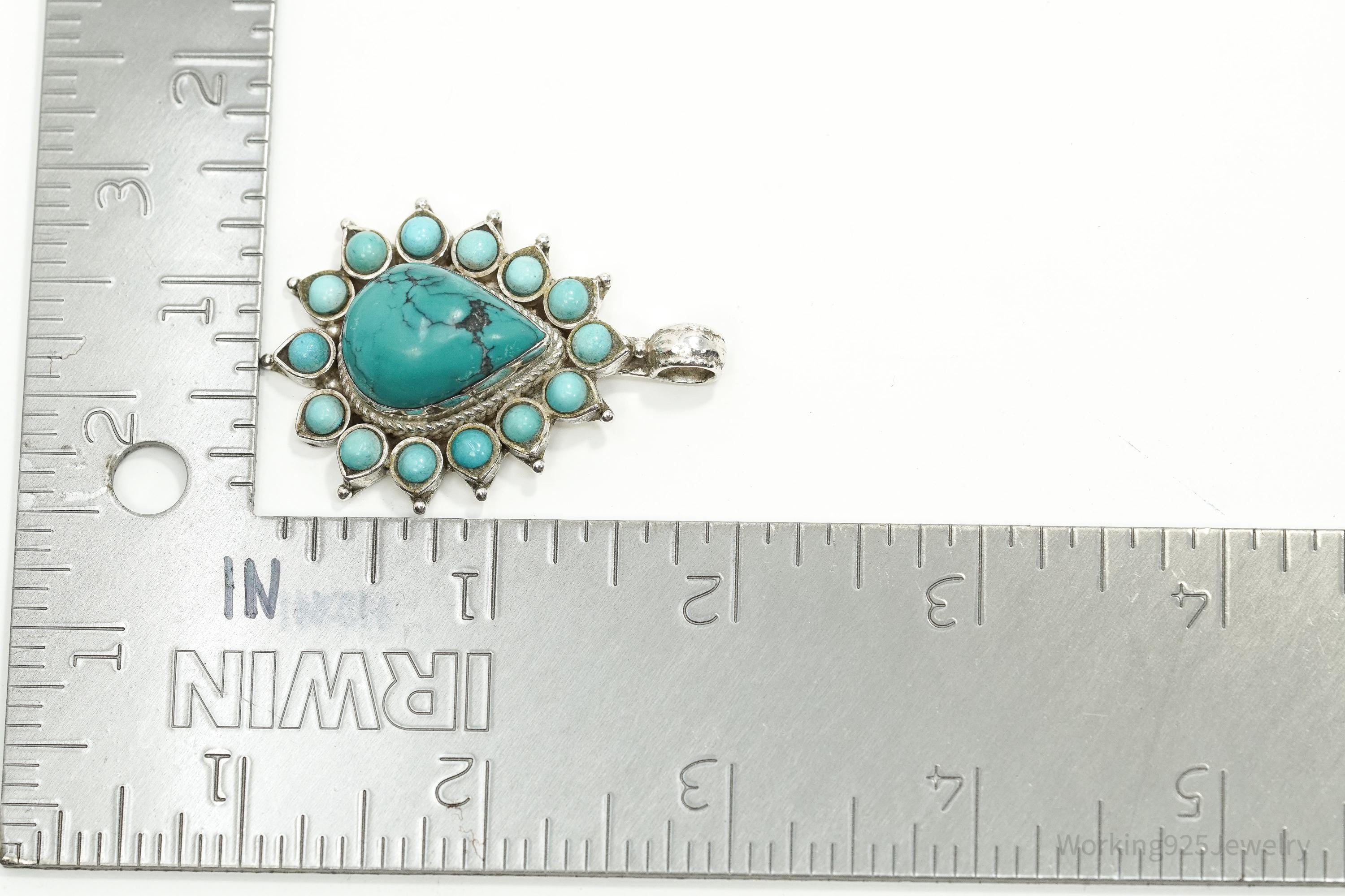 Large Vintage Turquoise Teardrop Sterling Silver Pendant
