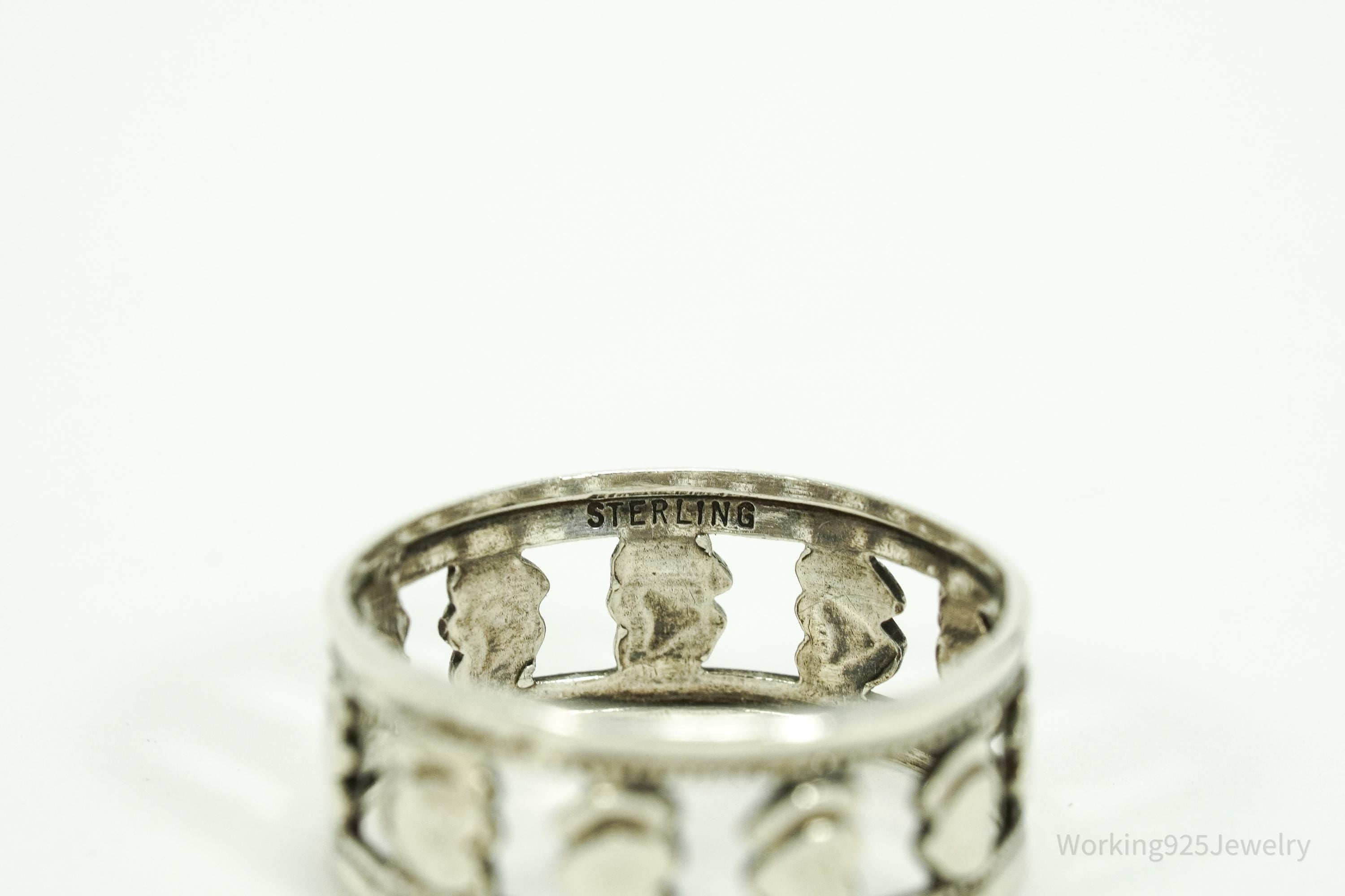 Antique Double Hearts Pattern Sterling Silver Band Ring - Size 8.25