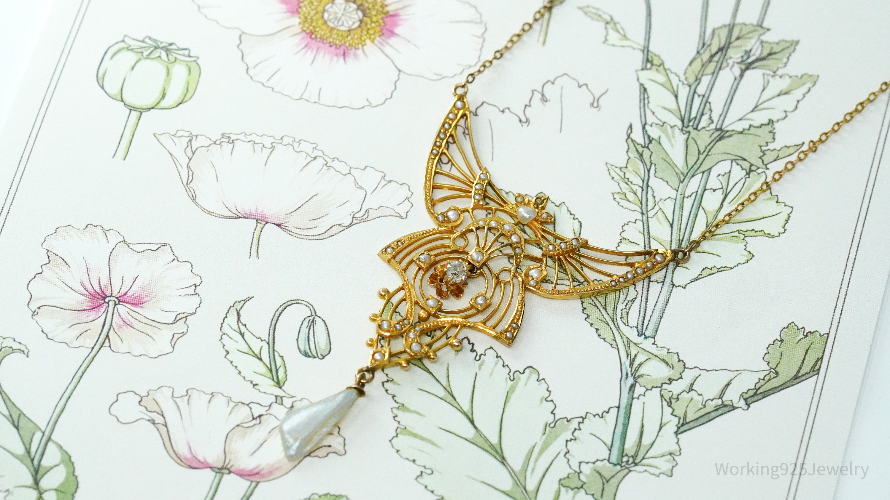 Ornate 14K Yellow Gold, Pearl & Diamond Pendant Necklace - 17"