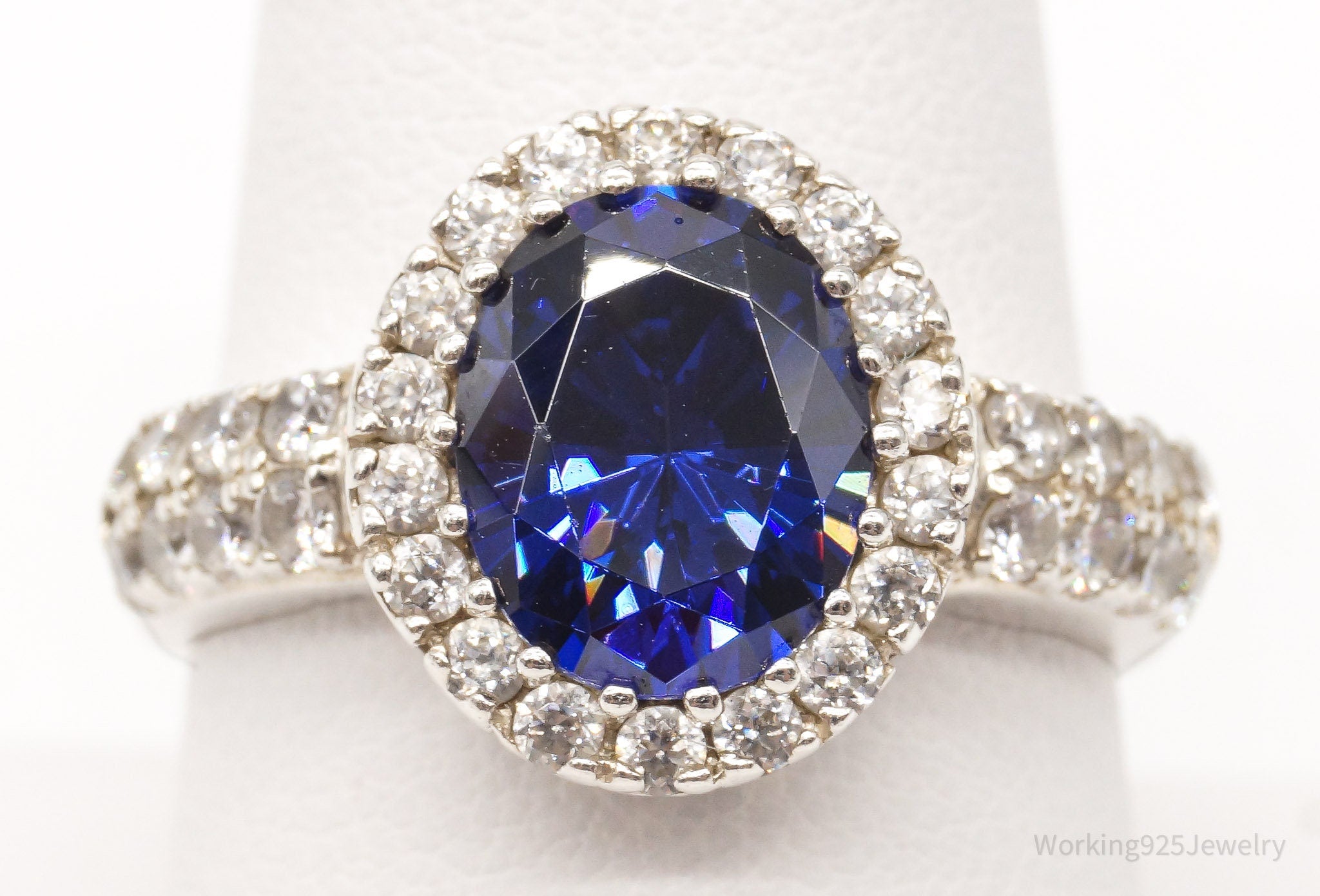 Vintage Blue & White Cubic Zirconia Sterling Silver Ring - Size 9