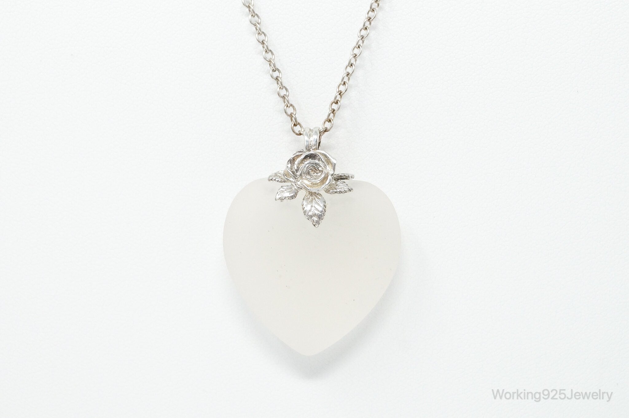 Vintage Large Frosted Glass Heart Rose Sterling Silver Necklace